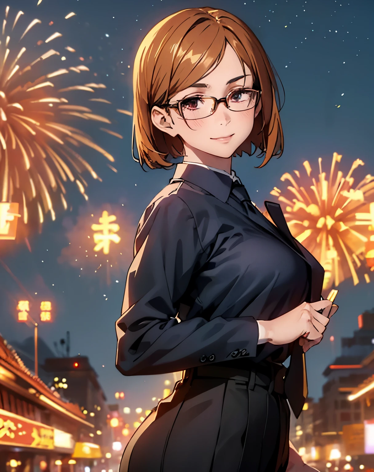 (masterpiece, best quality, high resolution, animescreencap, anime colored,), (perfect anatomy, beautiful detailed eyes, beautiful detailed body, beautiful breast, shiny skin), 1girl, brown hair, short hair, bangs, braided ponytail, medium breasts, smiling,brown eyes,looking at viewer, blushing,,chinese new year background, fireworks, bright lights, night time, eyeglasses, white long sleeves, black necktie, tuck in, black pants