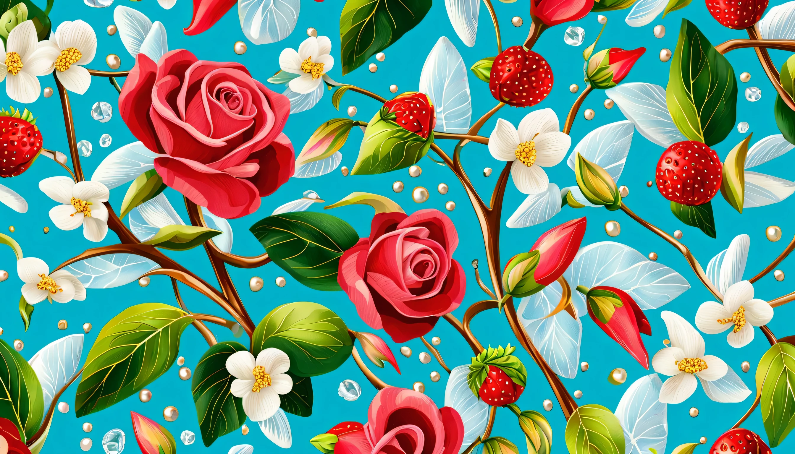 Seas of PEARLS (ALOT OF PEARLS) In the (CYAN BACKGROUND)— ocean breeze, sun-bleached driftwood, and a touch of salty sea air. ((GOLDEN stars)) colorful BERRIES, ((WHITE pearls)) jewels, ((WHITE butterfly)), ((GREEN LEAFY FLORA)), (strawberry), BLUE rose, cherry || (embroidery) seamless pattern, fruit, butterfly, Best quality, masterpiece, ultra high res, (photo realistic:1.4), surrealism, dream-like, ((abstract art)), vector arts, ((ROSE JEWEL)) a close up of a DIAMOND pattern on (CYAN BACKGROUND), DIAMOND wallpaper, ornate DIAMOND, DIAMOND pattern, DIAMOND explosion, DIAMOND! intricate, DIAMOND JEWELs colorful, chinoiserie pattern, JEWELy wallpaper, DIAMOND renewal, with colorful JEWELs and plants, DIAMOND dream, garden JEWELs pattern, DIAMOND patterned skin, DIAMOND design, DIAMOND motives, boho DIAMOND vines IN (CYAN BACKGROUND)