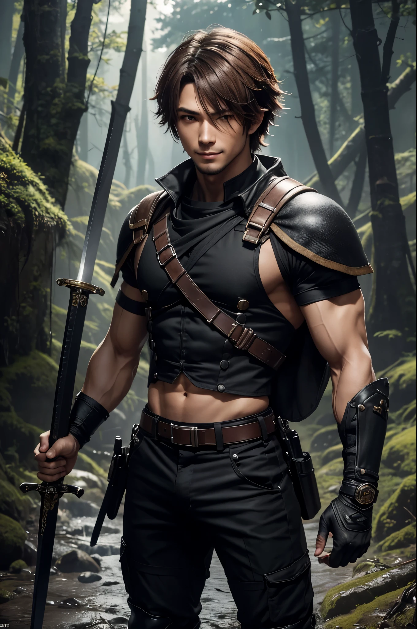 8K,Young man with flashy brown medium bob hair(24-years-old),Challenging atmosphere,muscular slim body,super realistic skin,Violent and strongly cracked abdominal muscles,black combat uniform,white inner shirt,black combat pants,Carrying a large and long Japanese sword in the forest,Mischievous smile,big eyes,black eyes,black combat uniformを着て身体を隠す,Perfect hand shapeの詳細,comical pose,masterpiece,Photorealistic RAW photos of the highest quality。bright colors,rich colors, Backlight, cinematic lighting, film grain, to be born, 50mm lens, Nikon D850,detailed character art,fantasy art,ultra high resolution,super realistic skin,Perfect hand shape,mountain path,Persona４(Hanamura Yosuke),wild(super realistic skin),One point beard,