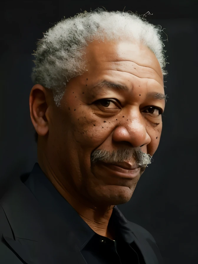 um close up de um homem com bigode e camisa preta, Morgan Freeman •, Retrato de Morgan Freeman, Morgan Freeman como Gordon Freeman, taken in the early 2020s, foto em alta, taken in the late 2010s, Imagem absolutamente excepcional, olhando para a sua esquerda, foto de um homem, uma foto de um homem, great likeness