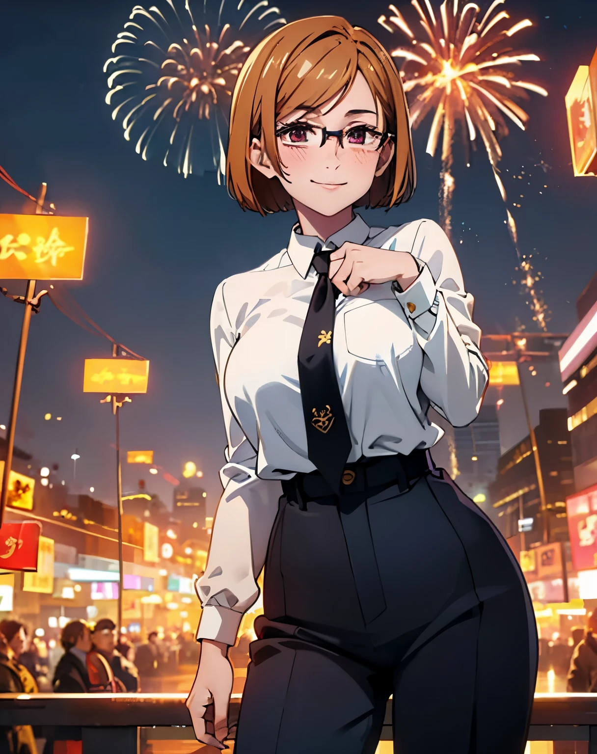 (masterpiece, best quality, high resolution, animescreencap, anime colored,), (perfect anatomy, beautiful detailed eyes, beautiful detailed body, beautiful breast, shiny skin), 1girl, brown hair, short hair, bangs,medium breasts, smiling,brown eyes,looking at viewer, blushing,,chinese new year background, fireworks, bright lights, night time, eyeglasses, ((white long sleeves)) , black necktie, tuck in, black pants