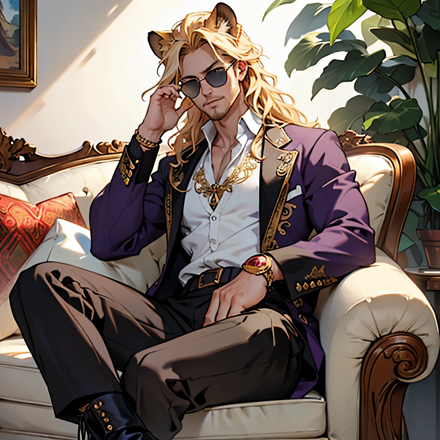 Purple and gold paisley jacket, ((one male)), lion ears, long hair, blond, blond hair, green eyes, tall, muscular, white shirt, ((beautiful face)), ((highest quality)), ((masterpiece)), ((2d)), (anime), perfect face, (((highest detail))), feline eyes, stubble, lion tail, wavy hair, (far shot), (((detailed face))), intricate details, ((sitting on white couch)), white background, black boots ((red sunglasses)), (((human hands))), ruby jewelry