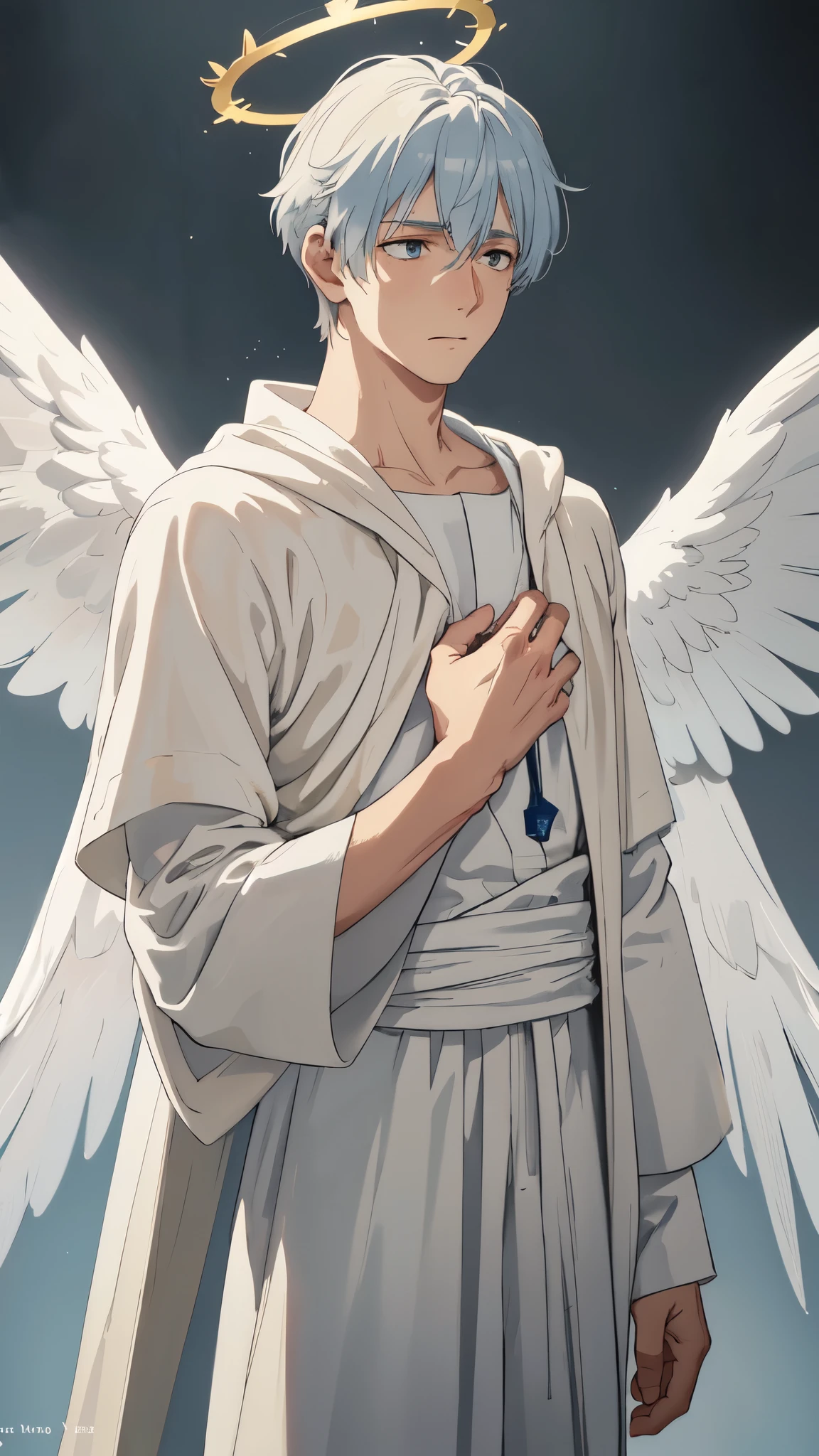 The Celestial Angels, Angels Descending from the Sky, (1man, 1boy, athletic:1.5), (sadness expression), holy clothes, angel wings, halo, realistic epic, soft cinematic portrait, Adobe Lightroom, Photo Lab, highly detailed, faded, (neutral colors: 1.2), (HDR: 1.4), (soft colors:1.2), hyperdetailed, (Artstation:1.4), cinematic, warm lights, dramatic light, (intricate details:1.1), complex background, (Rutkowski:0.66), (blue and orange:0.4)