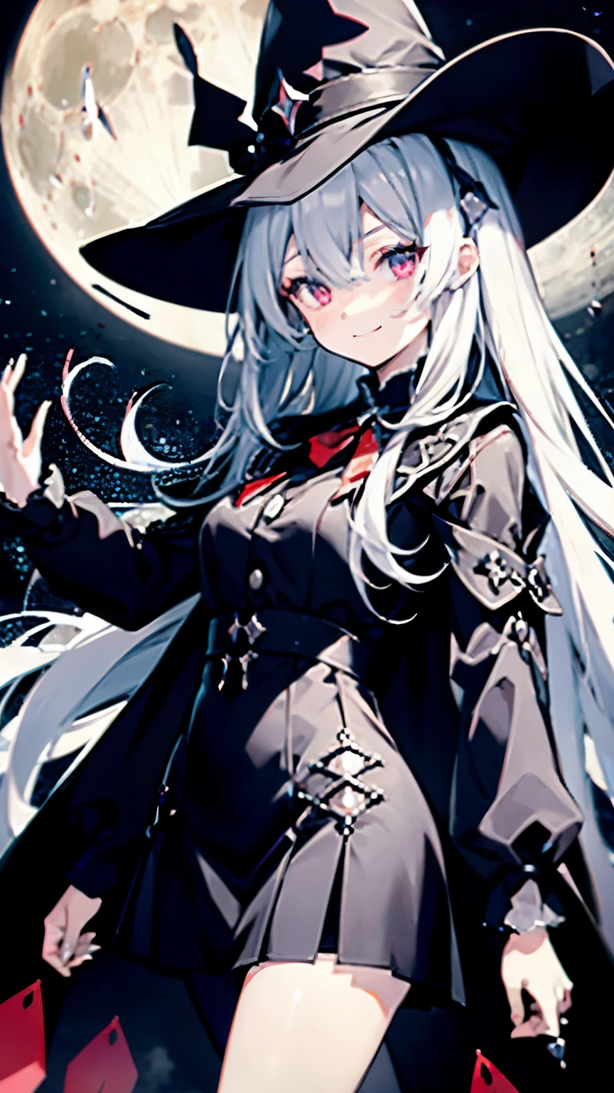 young girl、human、A magician who always smiles、large witch hat 、cute、long white hair、Red eyes and glazed eyes、Bangs are heavy、Thin eyebrows、fantasy、intake、double teeth、star motif、Seiza motif、monochrome clotheetal look decoration、cape、A little dark atmosphere、a little crazy smile、Outside at night when the moon shines、larger moon、blood return、black star hair ornament、short tie、No nails、high waist skirt、flared sleeves、long sleeve shirt、black tie、Low exposure