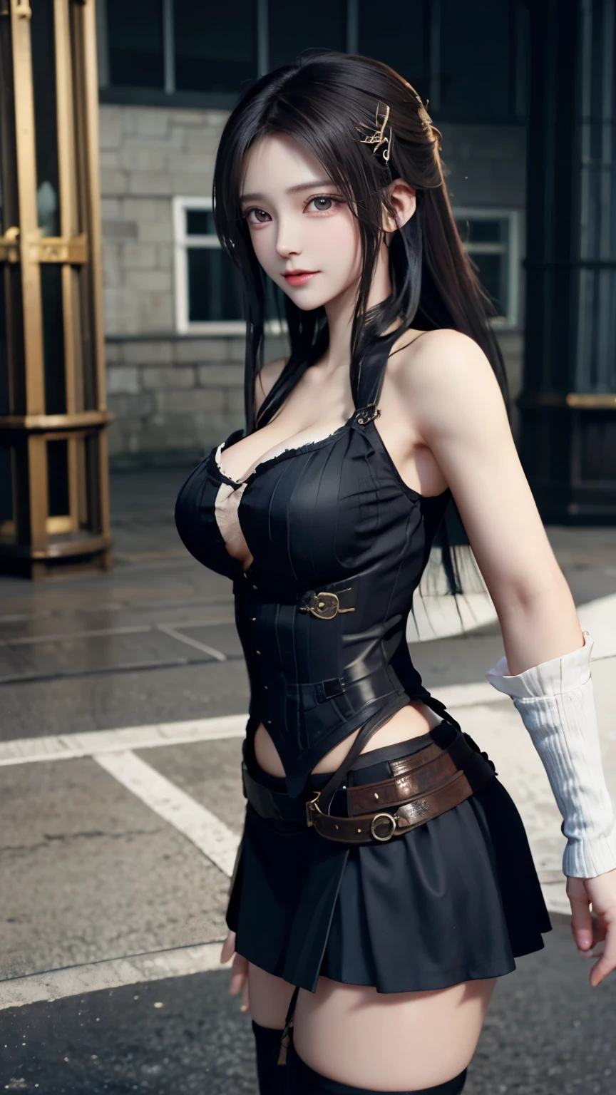 8k raw photo、High resolution、Sexy 21 year old cool korean poses in corset and garter for photo in ara file, steampunkの美しいアニメの女性, steampunkの美しい女神, like a female mechanic, steampunkの衣装を着ている, steampunkの世界で,鮮やかなsteampunkのコンセプト, ( steampunk ), gorgeous cosplay, steampunk Girl, steampunk, steampunkの世界で, steampunk style, steampunkの美学, steampunkファンタジースタイル, steampunk, steampunk style, Beautiful eyes down to the details of cosplay、long eyelashes、beautiful double eyelids、eye shadow、narrow eyes、Three white eyes、dark eye makeup、evil smile、slender and beautiful legs、short hair tied back、earringini skirt