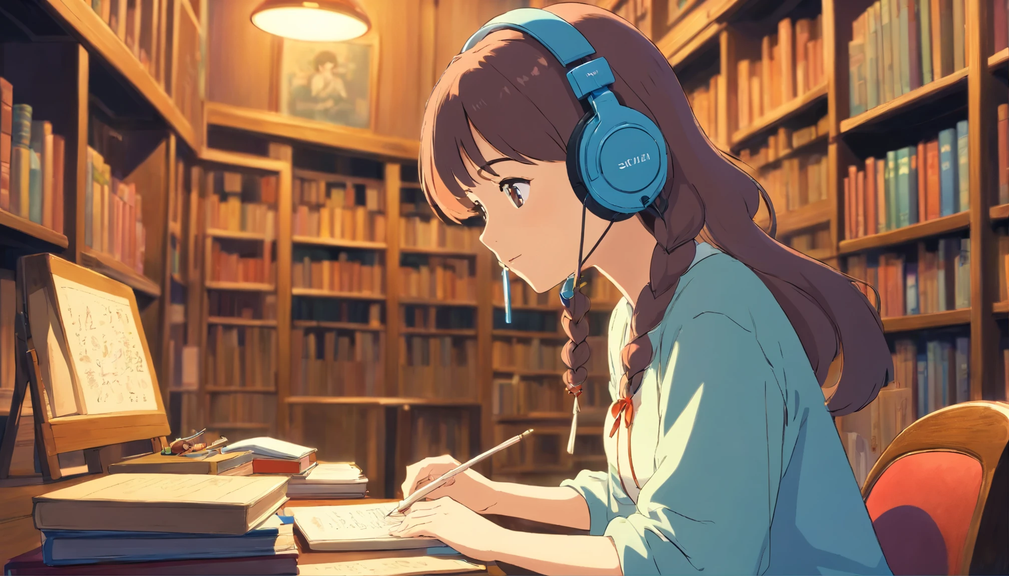 retro library、Woman studying、wearing headphones