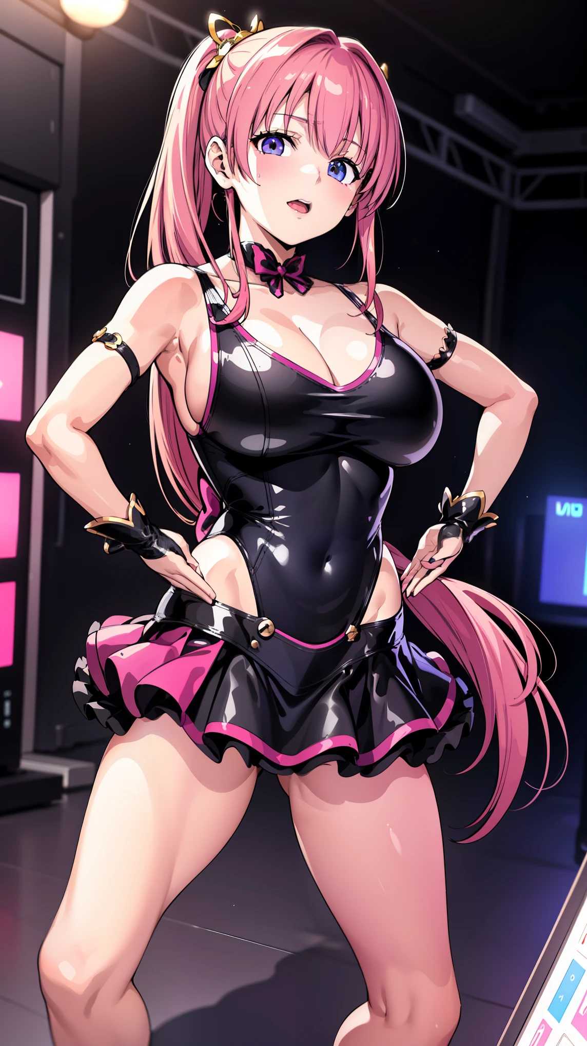 1 female,((Magical girl)),,clavicle, pink hair、long hair,twin tails,miniskirt with open front, haigure, huge breasts,erasure of emotions,No expression, 全身figure,  (highest quality、4k、8k、High resolution、must have:1.2)、Super detailed、(reality、realisticです、realistic:1.37)、ticker、hyper hd、studio lighting、ultra definition paint、sharp focus、Physically based rendering、extreme details、Professional specifications、vibrancy and color、blurry、sports portrait、landscape、horror style、anime big breasts、SF、photograph、concept artist、five fingers, perfect body,  {{{masterpiece}}}, {{{highest quality}}}, {{super detailed}}, {figure}, {{very delicate and beautiful}},Promoting cost performance、all roles、Canon 5D MK4でphotograph、sprinkle、photograph, 