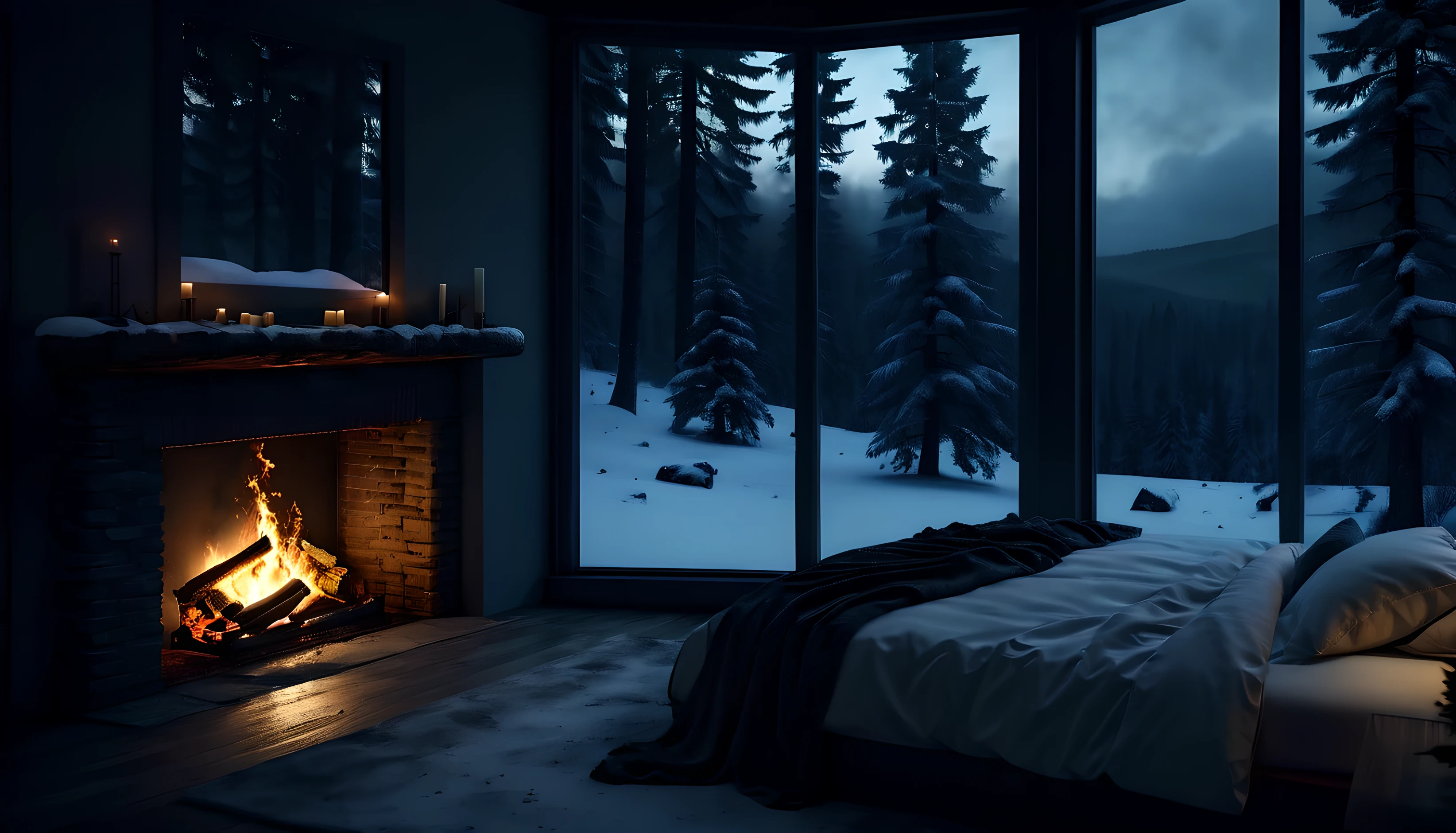 View of a bedroom with a fire burning in the fireplace in the room, large window overlooking the forest, quiet night. Original image, snow day. original rendering, snowy night, gloomy cinematic lighting, atmosphere, moody scene, dramatic lighting. cinematic, cinematic, atmosphereのあるショット, dark weather. surreal, atmospheric rendering, snowy night, huge forest, cinematic, 8k, ultra hd, atmosphereのある、beautiful details, beautiful and cinematic lighting, rainforest