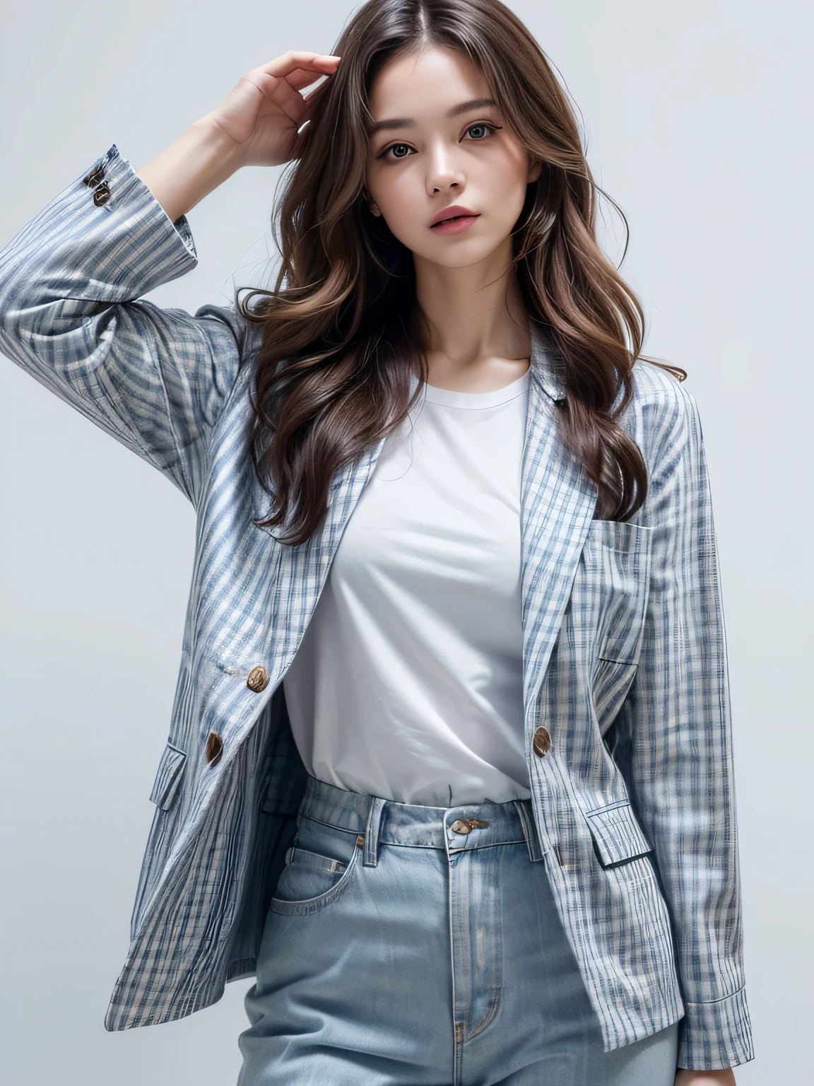 (highest quality, High resolution, masterpiece :1.3), beautiful adult woman, Long contour, ((pure white background)), (Plaid jacket, light blue shirt, wide pants), (loose wavy bob hair), ((Accurately express details such as faces and skin textures)), take a pose,
