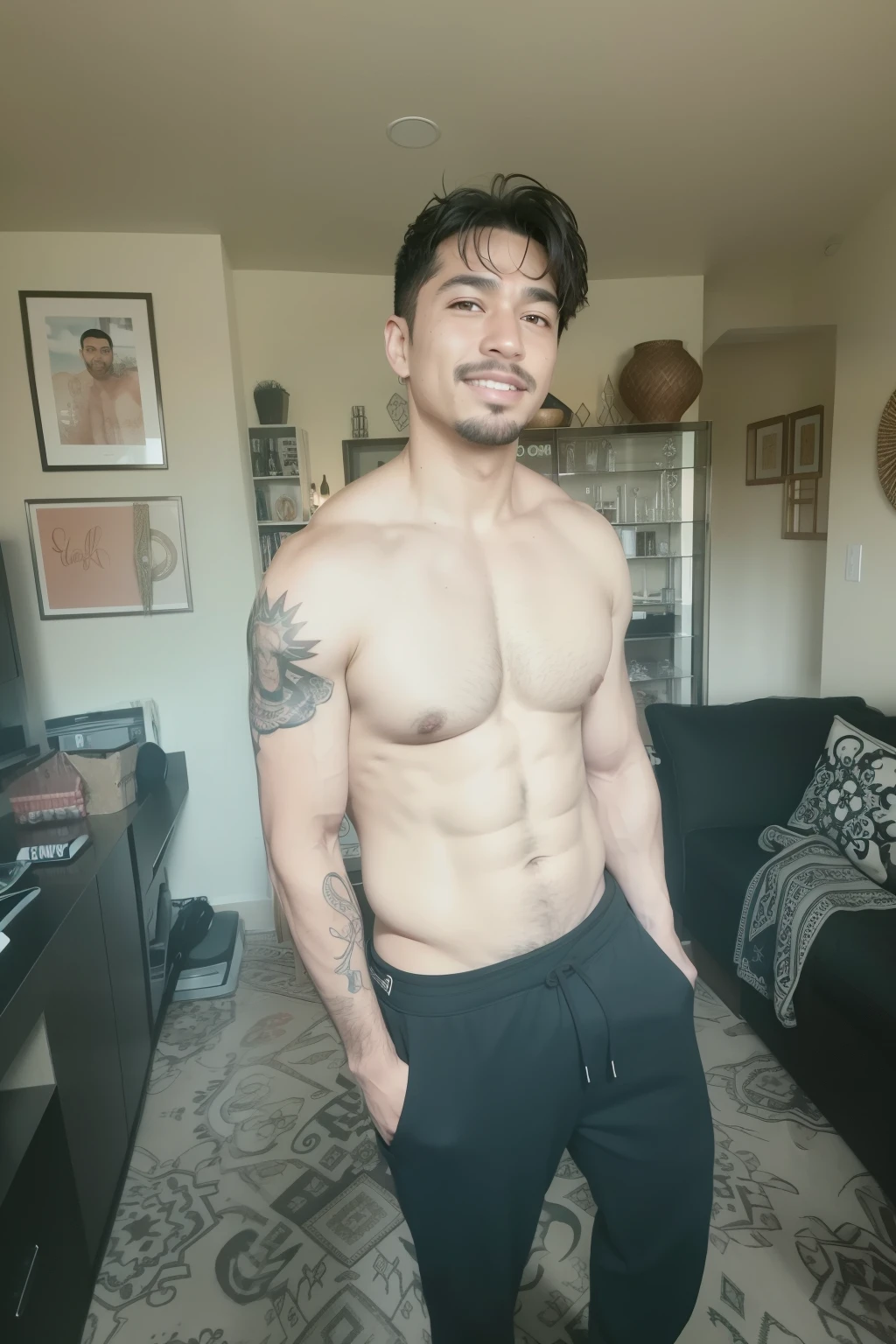 there is mexican man with a tattoo on his chest standing in a living room, taken in the early 2020s, (12x) extremely tan skin, not wearing many clothes, very very very tan skin, very very very tan skin, extremely tan skin, large chest, bare chest, very very pale tan skin, wearing nothing. smiling. natural lighting. very large pec muscles.