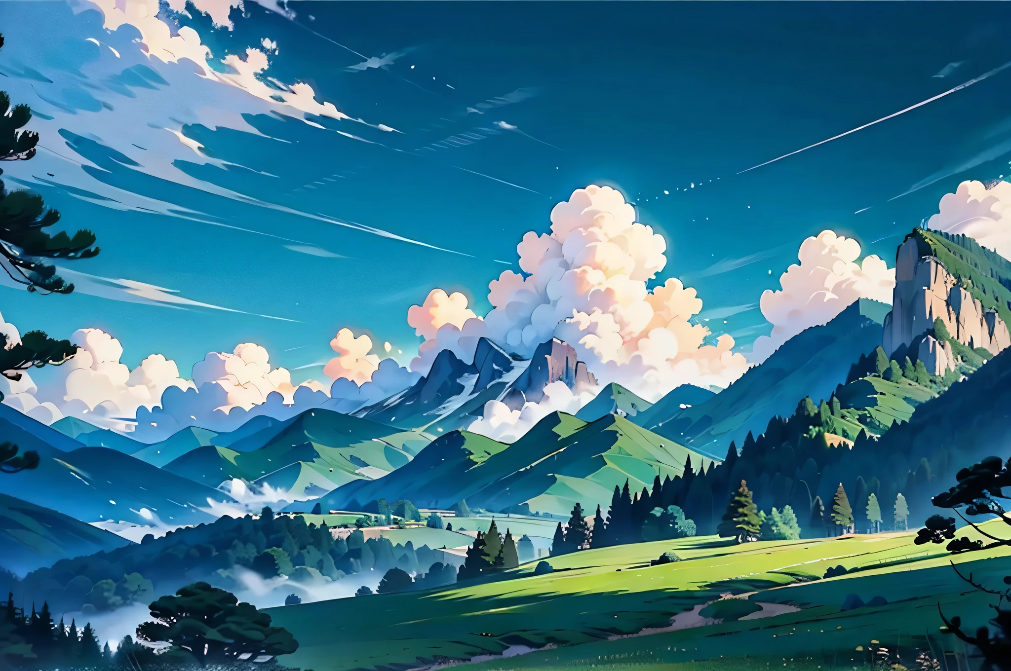 Like Ghibli,evening,eveningの空,Mountain,surrounded by clouds,green meadow and forest,beautiful sky,beautiful scenery