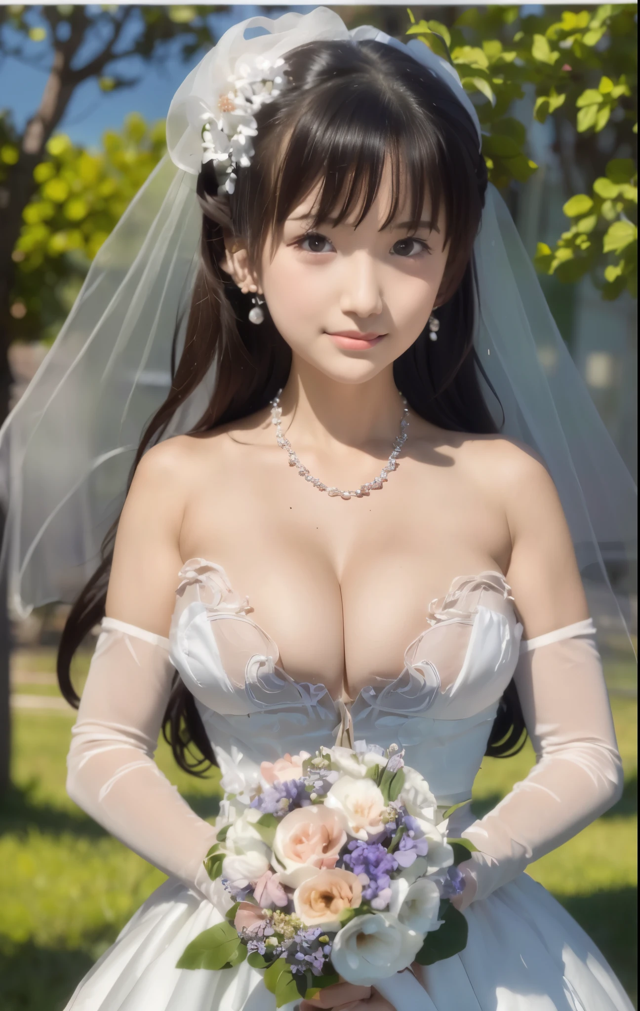 (((Pixel perfect, Perfect details))), alone, 1 girl, yuigahama yui,  Close-up of beautiful bride wearing beautiful wedding dress,Gurwitz, (bridal veil:1.5），（transparent short veil：1.5），blush，eye shadow，Blushing face，Head flower，headgear，bouquet，（tube top wedding dress：1.5），（silk dress：1.2）,（Strapless：1.5）,pure white dress，necklace，(earrings:1.2)，(large breasts:1.3)，Bangs，lipstick，（White long elbow gloves：1.4）,whole body照,High-detail RAW color art,White long skirt，whole body，only one railway track，(standing on the railroad tracks:1.3),18 years old, （long twintails：1.5）,(double bun:1.5), black hair