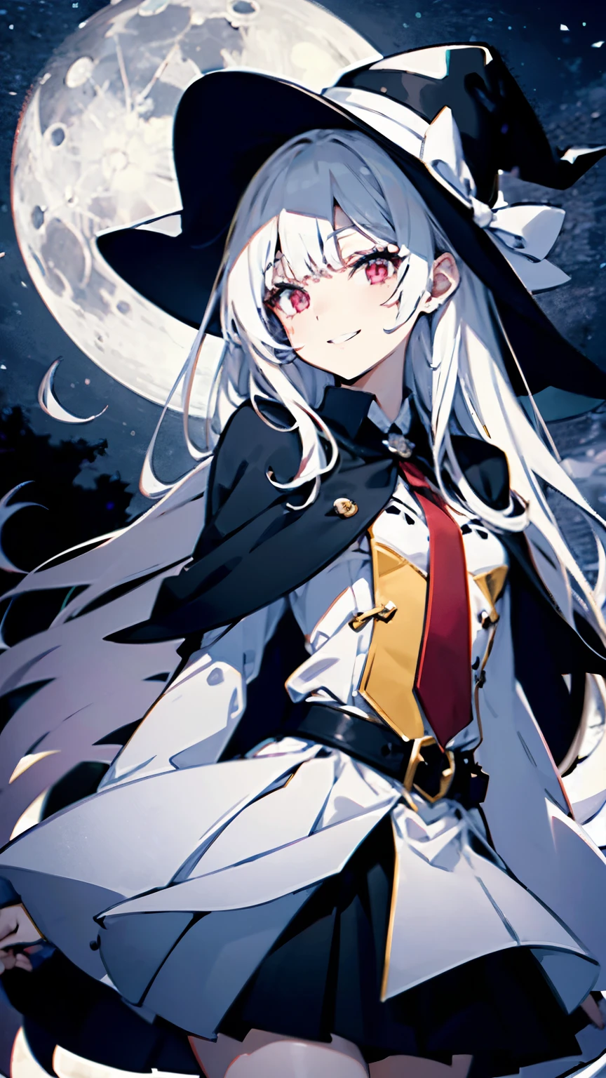 young girl、human、A magician who always smiles、large witch hat 、cute、long white hair、Red eyes and glazed eyes、Bangs are heavy、Thin eyebrows、fantasy、intake、double teeth、star motif、Seiza motif、monochrome clotheetal look decoration、cape、A little dark atmosphere、a little crazy smile、Outside at night when the moon shines、larger moon、blood return、black star hair ornament、short tie、No nails、high waist skirt、flared sleeves、long sleeve shirt、black tie、Low exposure