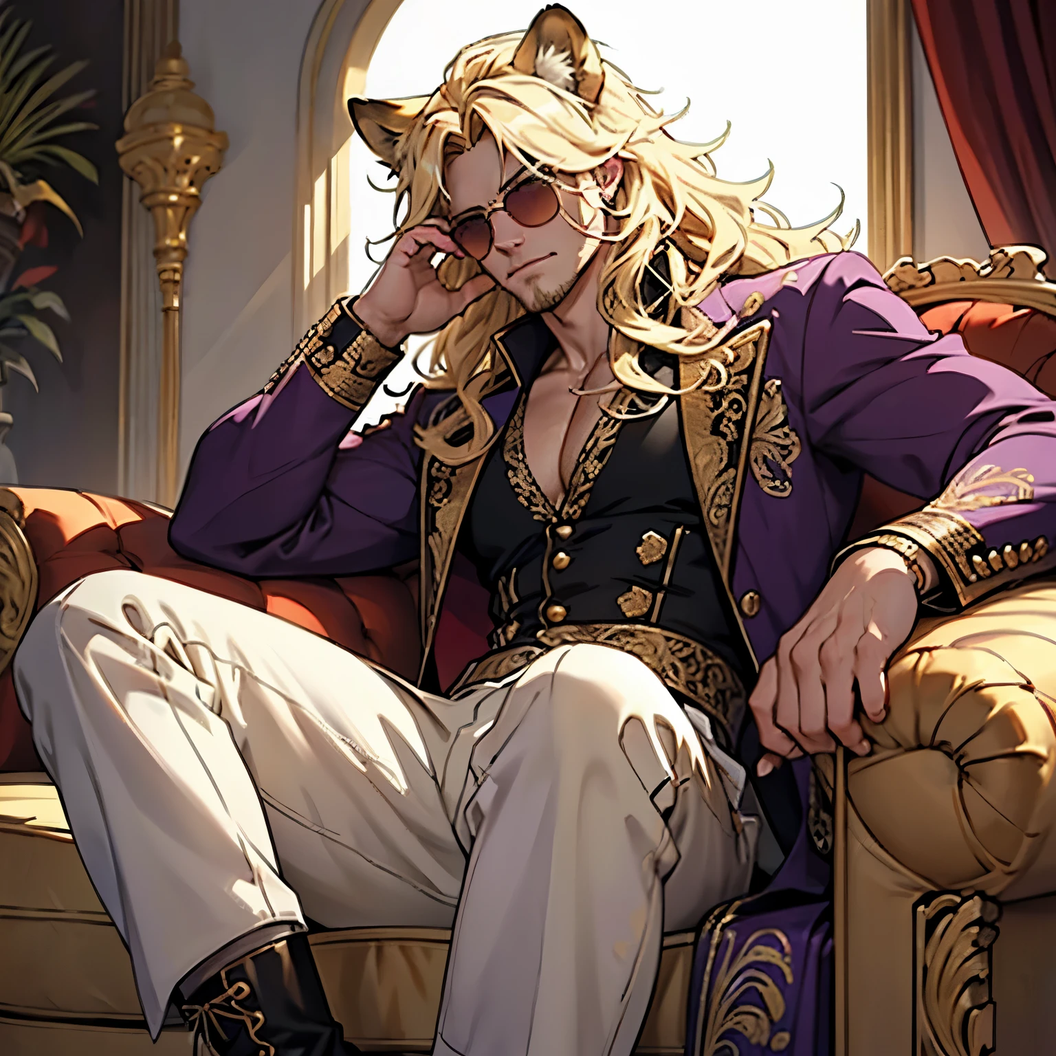 Purple and gold paisley jacket, ((one male)), lion ears, long hair, blond, blond hair, green eyes, tall, muscular, white shirt, ((beautiful face)), ((highest quality)), ((masterpiece)), ((2d)), (anime), perfect face, (((highest detail))), feline eyes, stubble, lion tail, wavy hair, (far shot), (((detailed face))), intricate details, ((sitting on white couch)), white background, black boots ((red sunglasses)), (((human hands))), royal jewelry