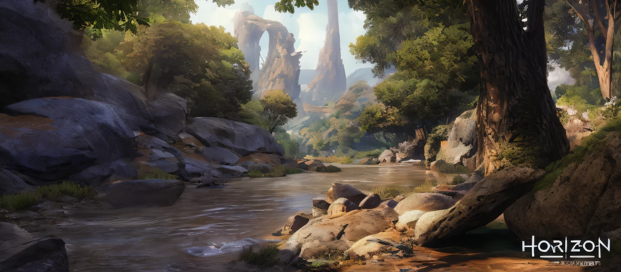 There is a river running through a forest with rocks and trees, highly realistic concept art, Unreal Engine 5 Digital Art, Game art matte, 4k highly detailed digital art, Highly detailed digital artwork, photorrealistic concept art, detailed 4k concept art, Adventure surreal rendering, concept art. epic scenery, Beautiful landscape rendering, Real fantasy rendering，4k，8k，ultra high definition