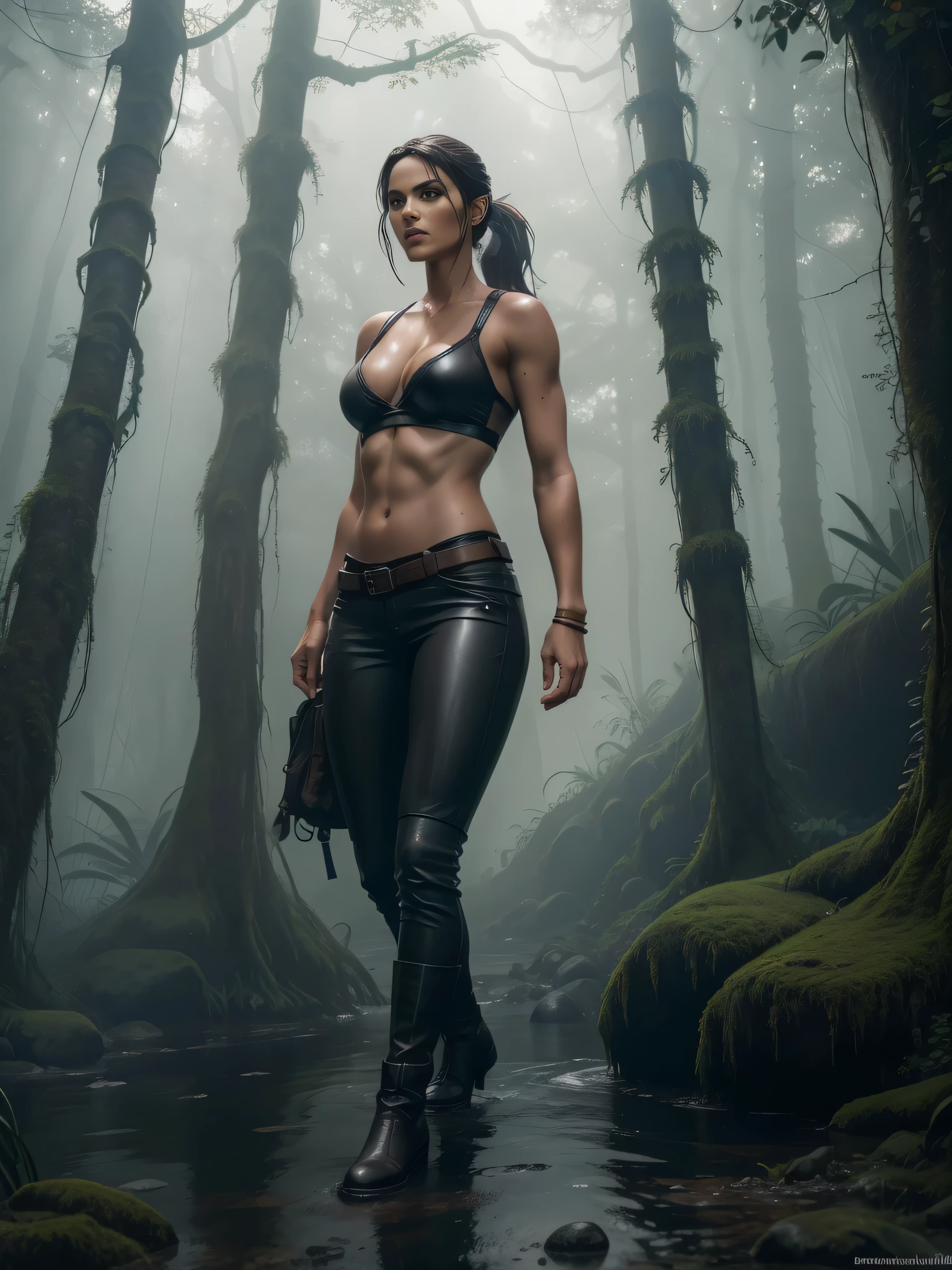 full body lara croft, long brown ponytail, brown eyes, high arched eyebrows, red lips, leather pants, leather bra deep leather boots in jungle, (Realistic,photoRealistic,photo-Realistic:1.37),Horror,dark and gloomy atmosphere with dramatic lighting, Vivid colors, Foggy surroundings, the trees, covered with moss, detailed facial expression, long wavy hair floats in the water, Reflections on the surface of the water, Eerie fog