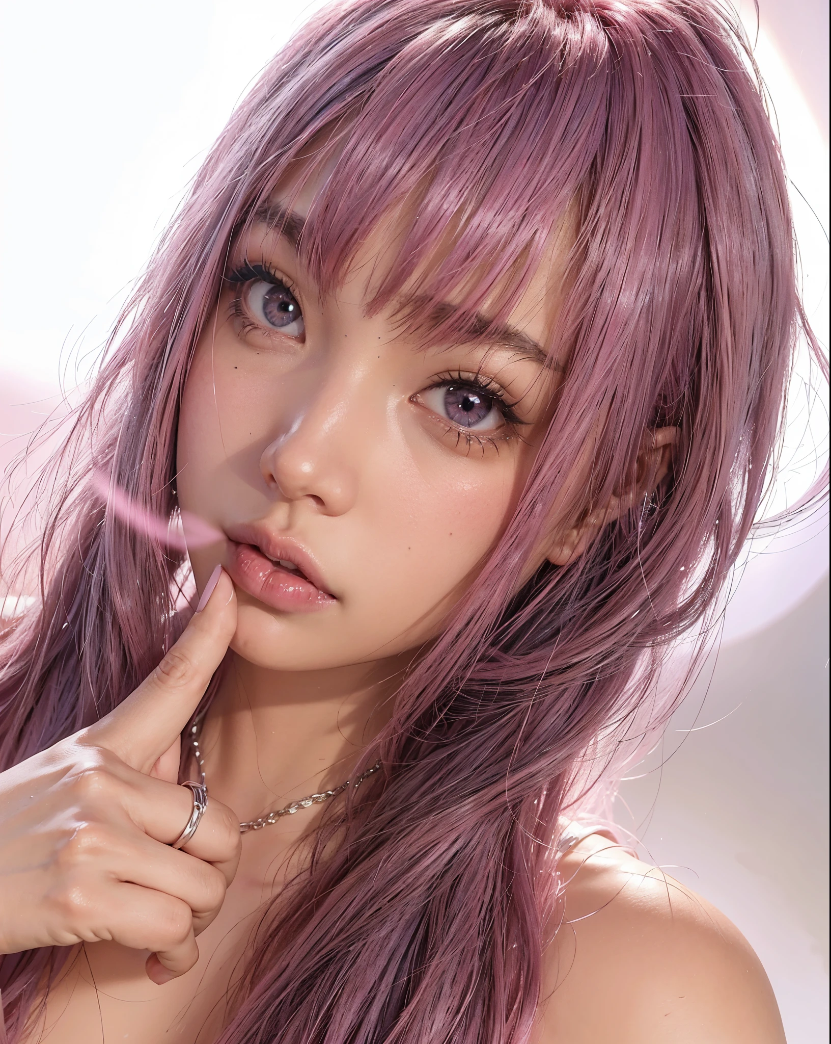arafed woman with pink hair and a ring on her finger, belle delphine, chiho, lalisa manobal, shikamimi, anime girl in real life, sakimichan, fairycore, the hime cut, pink twintail hair and cyan eyes, with pink hair, pink straight hair, pink violet light, misato katsuragi