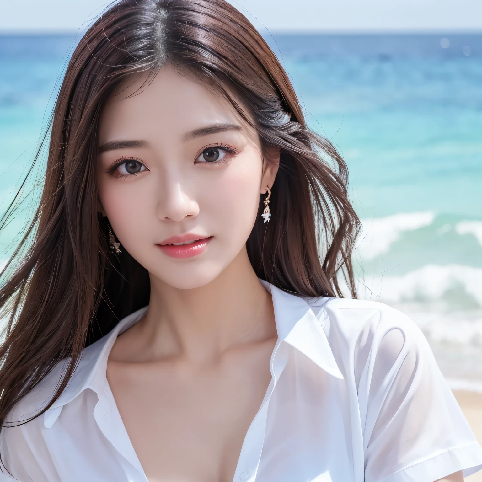 ((highest quality、table top、8k、best image quality、extremely complex and detailed depiction))、(1 person photo:1.1)、The best smile staring at the camera、(beautiful beach:1.05)、(fully expose the chest:1.1)、(One big red hibiscus on the head:1.15)、(White polyester shirt worn unbuttoned:1.2)、high school uniform、(Huge breasts that are about to burst:1.1)、(emphasize body line:1.1)、cleavage、(close up of face:1.45)、glamorous body、hair swaying in the wind、sandy beach、beautiful sea、Recreate the perfect details of a deserted island、(clear, Sparkling, live bee:1.1)、Complex sea glow、beautiful seaの詳細が描かれています、Brightly lit face、Ultra high definition beauty face、ultra high definition hair、Super high-definition Sparkling eyes、(Pure white skin shining in ultra-high resolution:1.1)、Super high resolution glossy lips、sculpture pose、(very bright and vivid:1.2)