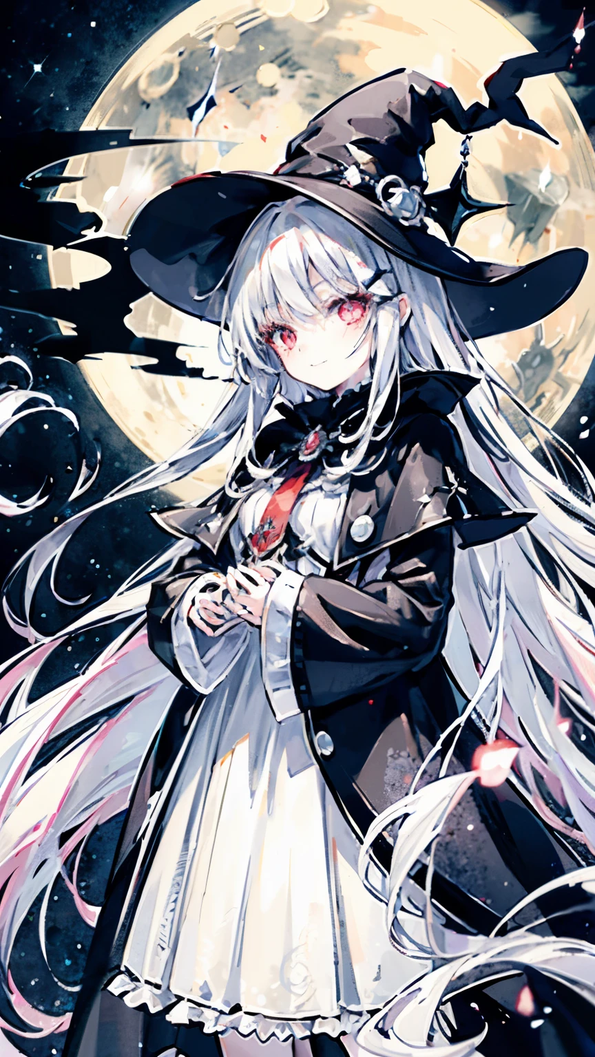 young girl、human、A magician who always smiles、large witch hat 、cute、long white hair、Red eyes and glazed eyes、Bangs are heavy、Thin eyebrows、fantasy、intake、double teeth、star motif、Seiza motif、monochrome clotheetal look decoration、cape、A little dark atmosphere、a little crazy smile、Outside at night when the moon shines、larger moon、blood return、black star hair ornament、short tie、No nails、high waist skirt、flared sleeves、long sleeve shirt、black tie、Low exposure