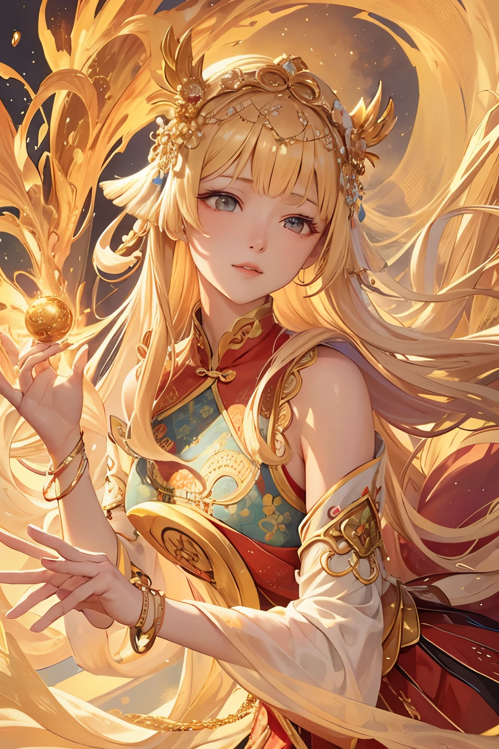 In the vast expanse of vibrant, blooming flowers, young women, dressed in exquisite traditional Chinese garb, gracefully dance, bringing to life colossal phoenixes. Encompassed by the hallowed and ancient scenery of the Immortal Cultivation Sect, their movements echo the harmony and serenity of the enchanted land. The sun casts a golden glow upon them, adding an ethereal radiance to their intricately embroidered attire. The tranquilizing scene unfolds in breathtaking detail, with every linement and wrinkle captured in high resolution, enhancing the realism and depth of the image. The soft, amb