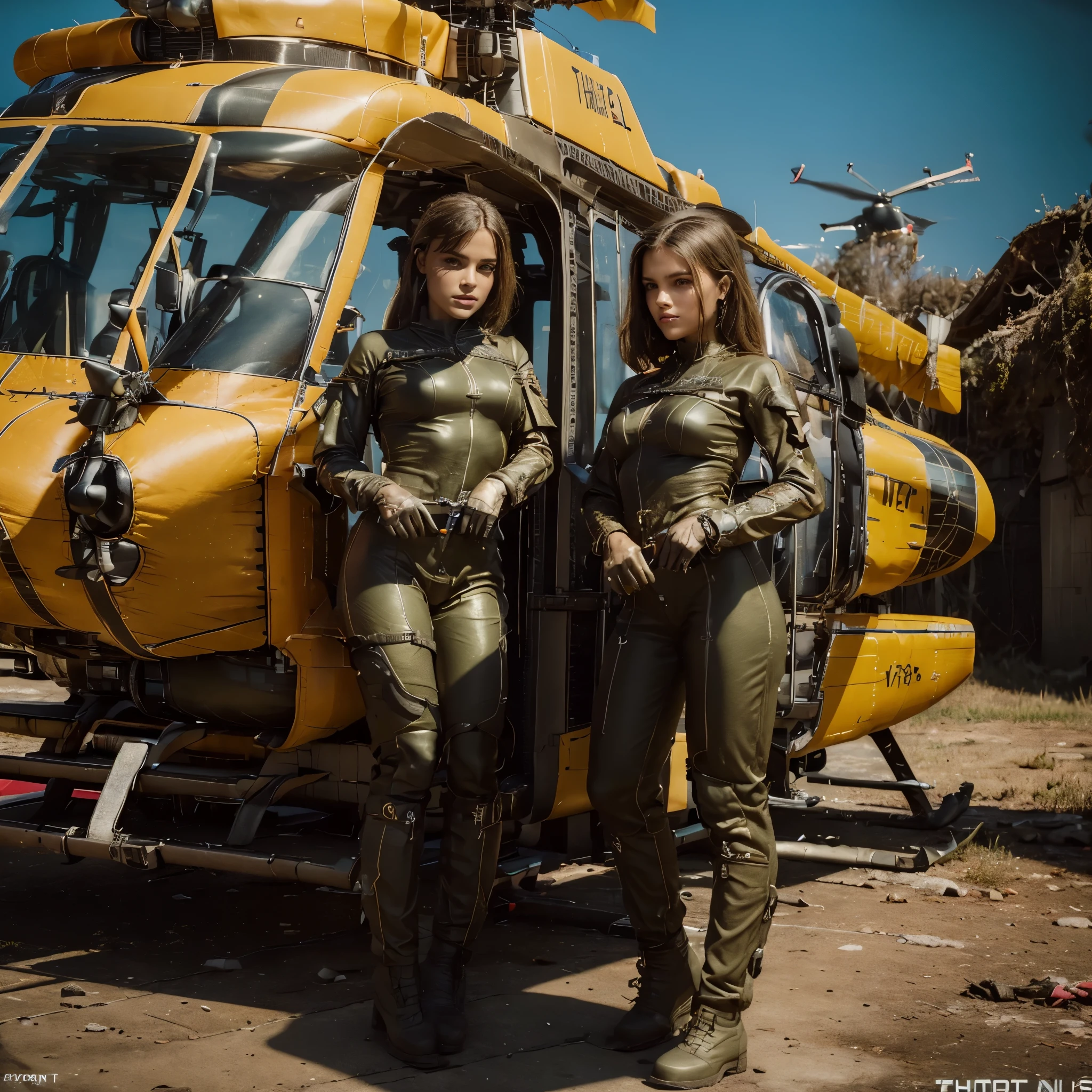 ((((((((( BESIDES A HELICOPTER!!!!1)))))))).      (((((A HELICOPTER, AIRCRAFT IS IN THE SCENE!!!!!)))))                        (((Girl standing by the side of a combat fallout game Sci-Fi Combat helicopter))). Postapocalyptic combat scene with a Beautiful hyperrealistic photograph of an 18 year old girl with Runic tattoos, ((dirty face Blood splattered)), (((wearing full heavy black and gold mecha armor, combat harness, Neon highlights, fallout vaultsuit))),  exterior of Destroyed 1950retrofuturistic gold and crome and red building, debris, Camo netting, Ammo Boxes abstract beauty, near perfection, pure form, intricate detail, 8k post-production, High resolution, super Detail, trending on ArtStation, sharp focus, studio photos, intricate detail, Very detailed, 