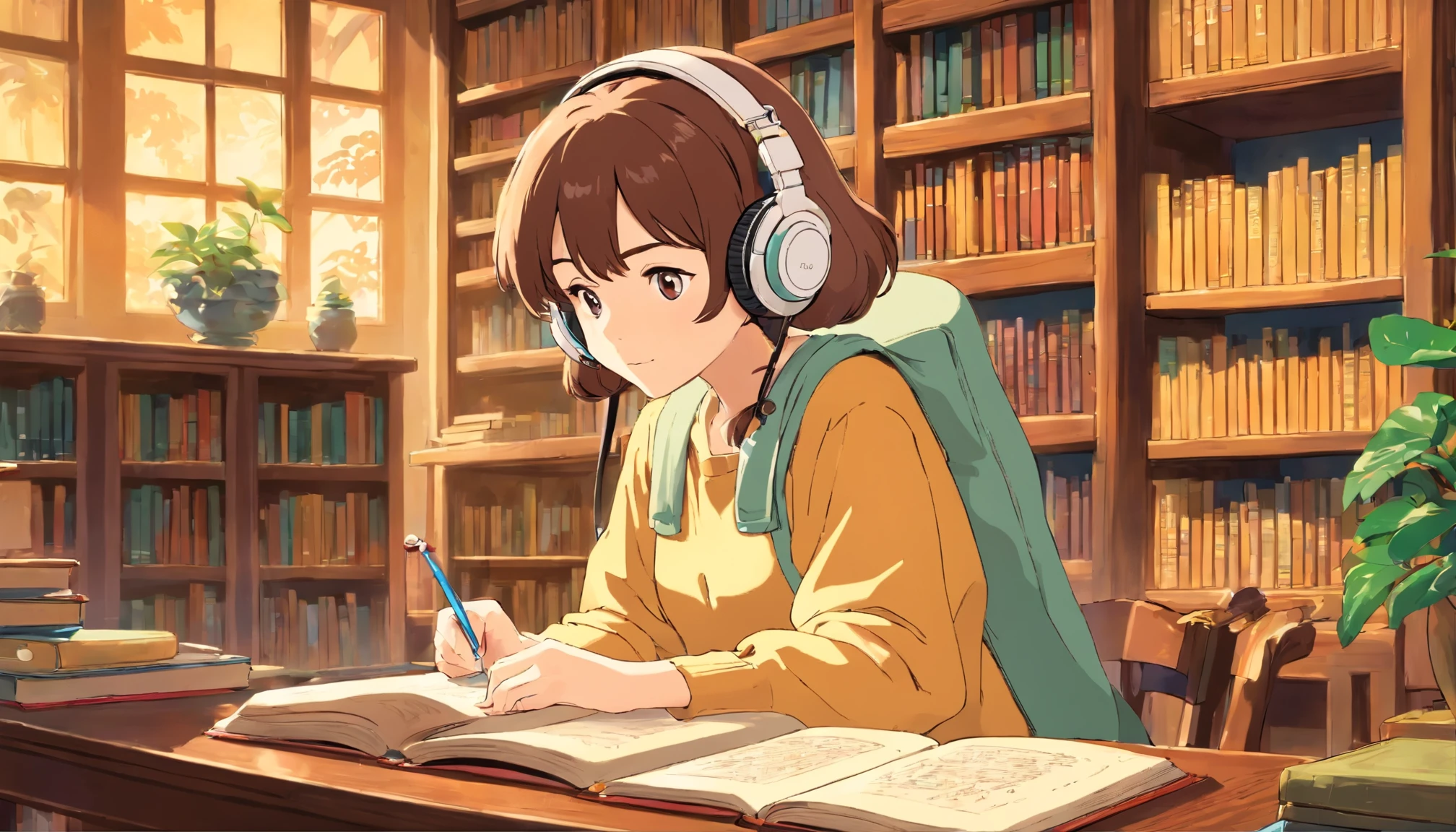 retro library、Woman studying、wearing headphones