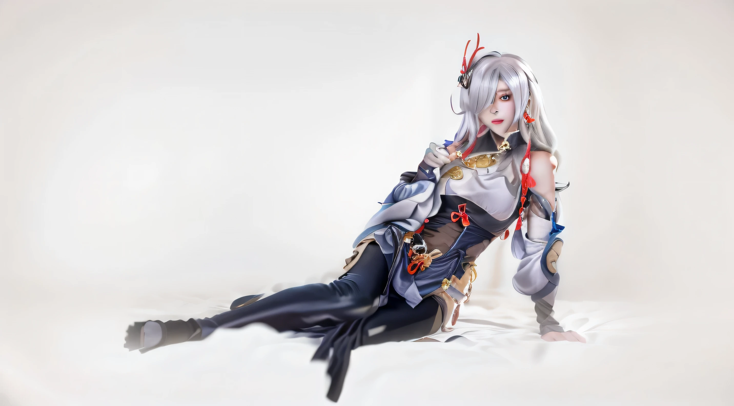 (masterpiece:1.2),best quality,high resolution,unified 8k wallpaper,(illustration:1),perfect lighting,Very detailed CG, fine details,Very detailed,Soft lights and shadows,Soft but eye-catching lighting,film grain:1.2,(skin pores:1.2),(Detailed skin texture:1),((alone:1.5)),Detailed face,(view:1.1),Us,low profile:1.1,depth of field,((whole body)),shenhe \(Genshin Impact\), 1 girl, alone, hair covering one eye, jewelry, tassel earrings, earrings, portrait, looking at the audience, long hair, lips, white hair, tassel, actual, blue eyes, hair accessories, gray eyes, shut your mouth, One eye is covered,
