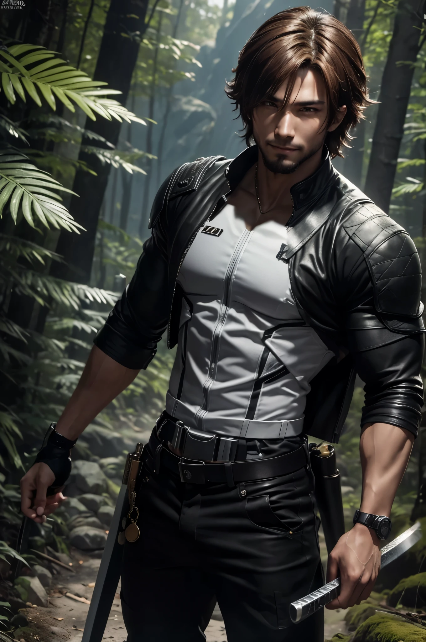 8K,Young man with flashy brown medium bob hair(24-years-old),Challenging atmosphere,muscular slim body,super realistic skin,Violent and strongly cracked abdominal muscles,black combat uniform,white inner shirt,black combat pants,Carrying a large and long Japanese sword in the forest,Mischievous smile,big eyes,black eyes,black combat uniformを着て身体を隠す,Perfect hand shapeの詳細,comical pose,masterpiece,Photorealistic RAW photos of the highest quality。bright colors,rich colors, Backlight, cinematic lighting, film grain, to be born, 50mm lens, Nikon D850,detailed character art,fantasy art,ultra high resolution,super realistic skin,Perfect hand shape,mountain path,Persona4(Hanamura Yosuke),wild(super realistic skin),One point beard,