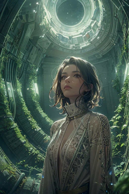 photograph, portrait, floating intimidating woman [Discovery of wormholes leads to new worlds|A cursed prince must marry a monster], [Science fiction:fantasy:0.6] cinematic lighting