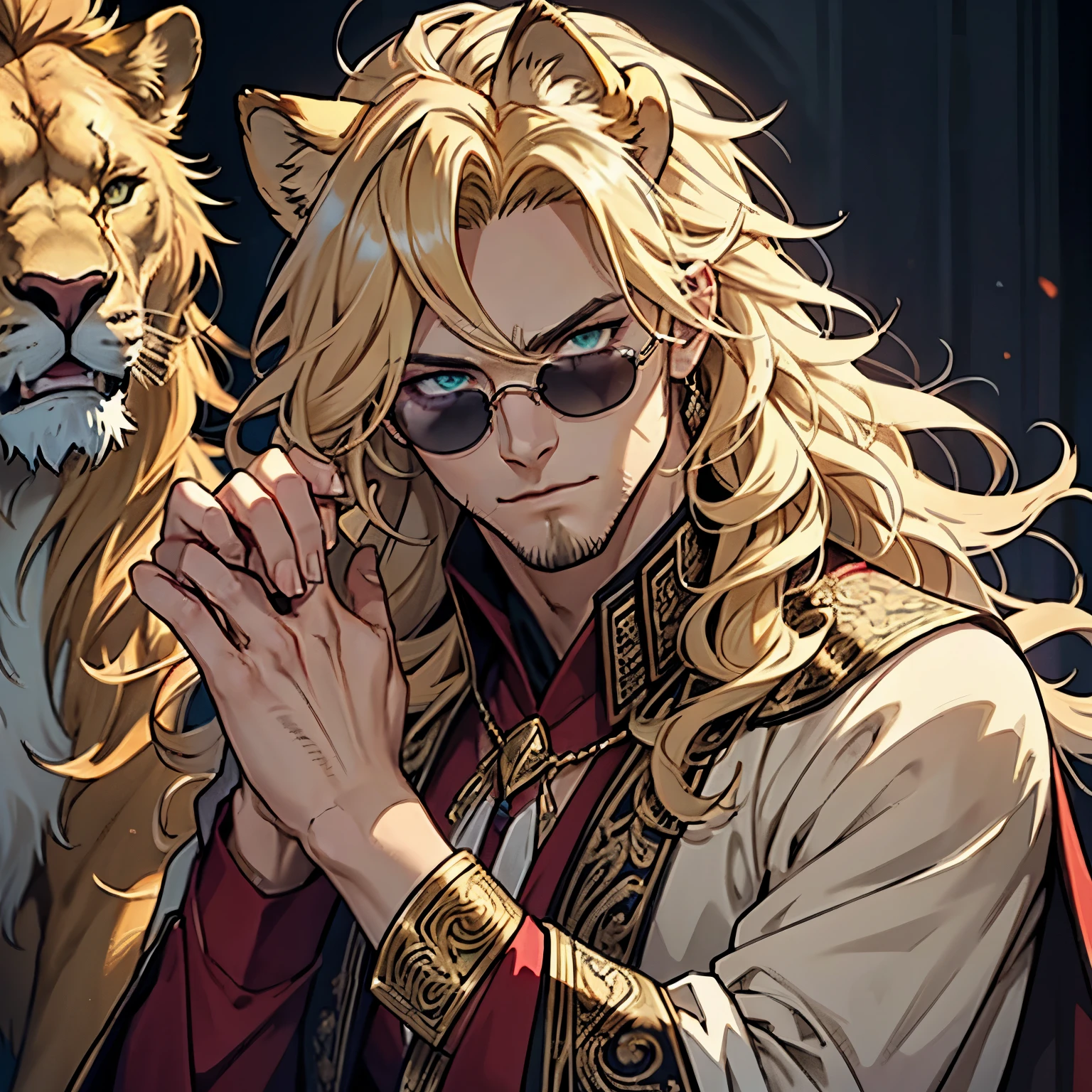 Purple and gold paisley jacket, ((one male)), lion ears, long hair, blond, blond hair, green eyes, tall, muscular, white shirt, ((beautiful face)), ((highest quality)), ((masterpiece)), ((2d)), (anime), perfect face, (((highest detail))), feline eyes, stubble, lion tail, wavy hair, (far shot), (((detailed face))), intricate details, paisley background, black boots ((red sunglasses)), (((human hands))), royal jewelry