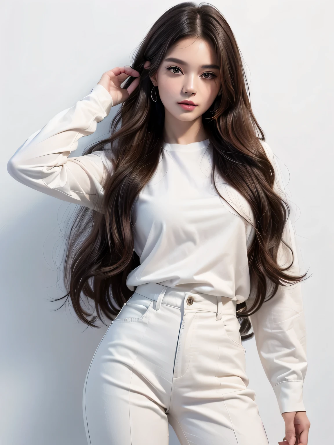 (highest quality, High resolution, masterpiece :1.3), beautiful adult woman, Long contour, ((pure white background)), (Down jacket, shirt, wide pants), (loose wavy bob hair), ((Accurately express details such as faces and skin textures)), take a pose,