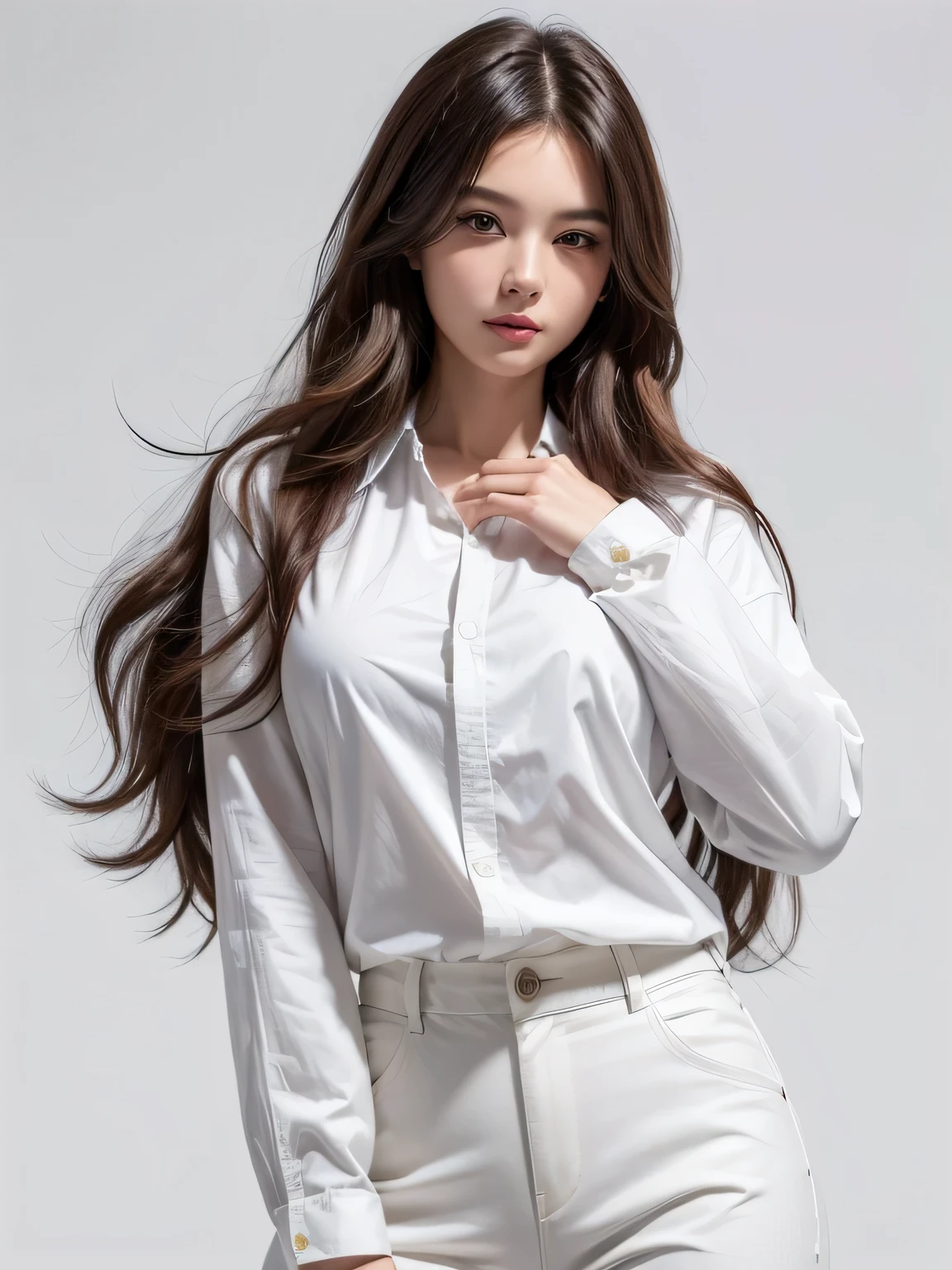 (highest quality, High resolution, masterpiece :1.3), beautiful adult woman, Long contour, ((pure white background)), (Down jacket, shirt, wide pants), (loose wavy bob hair), ((Accurately express details such as faces and skin textures)), take a pose,