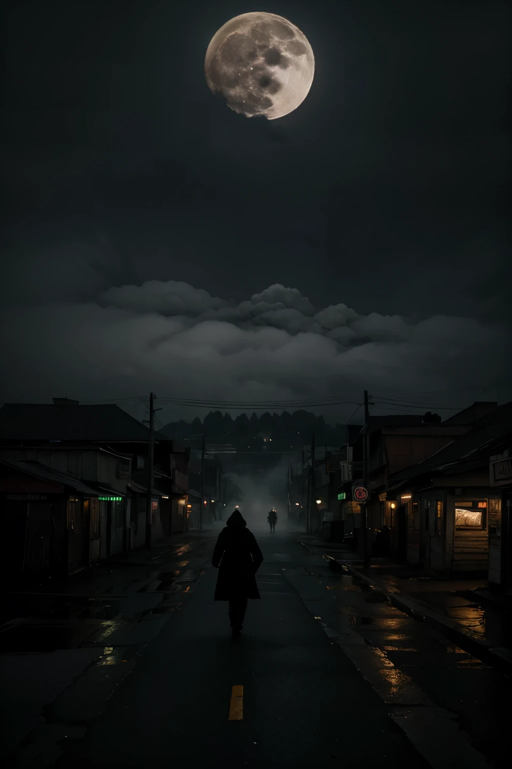Creepy town full of strange people, gloomy weather, fog, full moon, nightmare