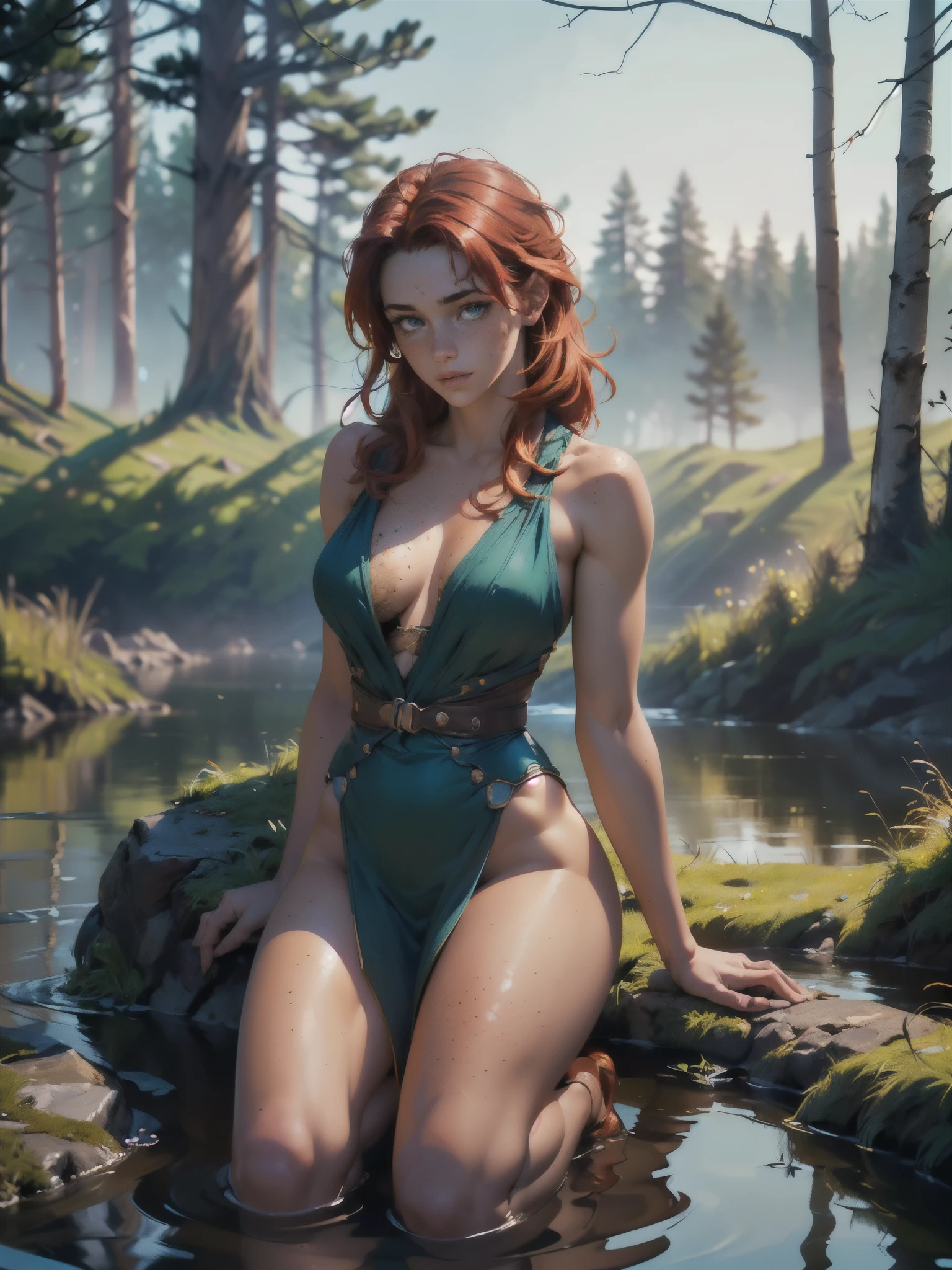 Masterpiece, (((full figure supermodel, full body shot, entire body in frame))), (((magical lighting action shot))) (((beautiful redhead fit pale smiling goddess Scottish woman kneeling in river garden in a park, arms covering flat chest, arms across , arms folded))), (((micro outfit, looking into the camera))) , ((( redhead hair, accurate hands accurate eyeoody lighting, very detailed, dramatic lighting, digital art trending on Artstation 8k HD high definition detailed realistic, detailed, skin texture, hyper detailed, realistic skin texture, armature, best quality, ultra high res, (photorealistic:1.4), high resolution, detailed, raw photo, sharp re, nikon d850 film stock photograph 4 kodak portra 400 camera f1.6 lens rich colors hyper realistic lifelike texture dramatic lighting unrealengine trending on artstation cinestill 800, (((accurate female anatomy, perfect eyes))) (((500px, fstoppers, photosight.ru, iso noise))) portrait of beautiful women, looking over spruce forest, moody portrait, striking features, beauty, intricate details, dramatic composition, tension, wispy hair, blue eyes, contrast, texture, realism, high-quality rendering, stunning art, high quality, film grain, Fujifilm XT3, acne, blemishes, detailed skin, freckled