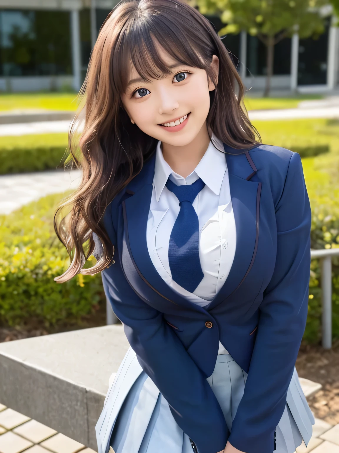 8k, highest quality, real image, intricate details, Super detailed, ultra high resolution, depth field,(realistic,realistic:1.2), from the middle, (open mouth), 1 Japanese girl, very beautiful 17 year old girl, Big eyes, beautiful breasts:1.5、highly detailed eyes:1.2), (beautiful breasts:1.1), (small breasts:1.5), wavy hair、curly hair、bangs, perfect skin, Fair skin, huge hips, thick thighs, thick legs, cleavage, tight waist, light blush, alone, looking at the viewer, (smile:1.4), ((School_uniform),(dark blue blazer), (white shirt、wear a tie), (gray pleated skirt), (sculpture installation :1.1)