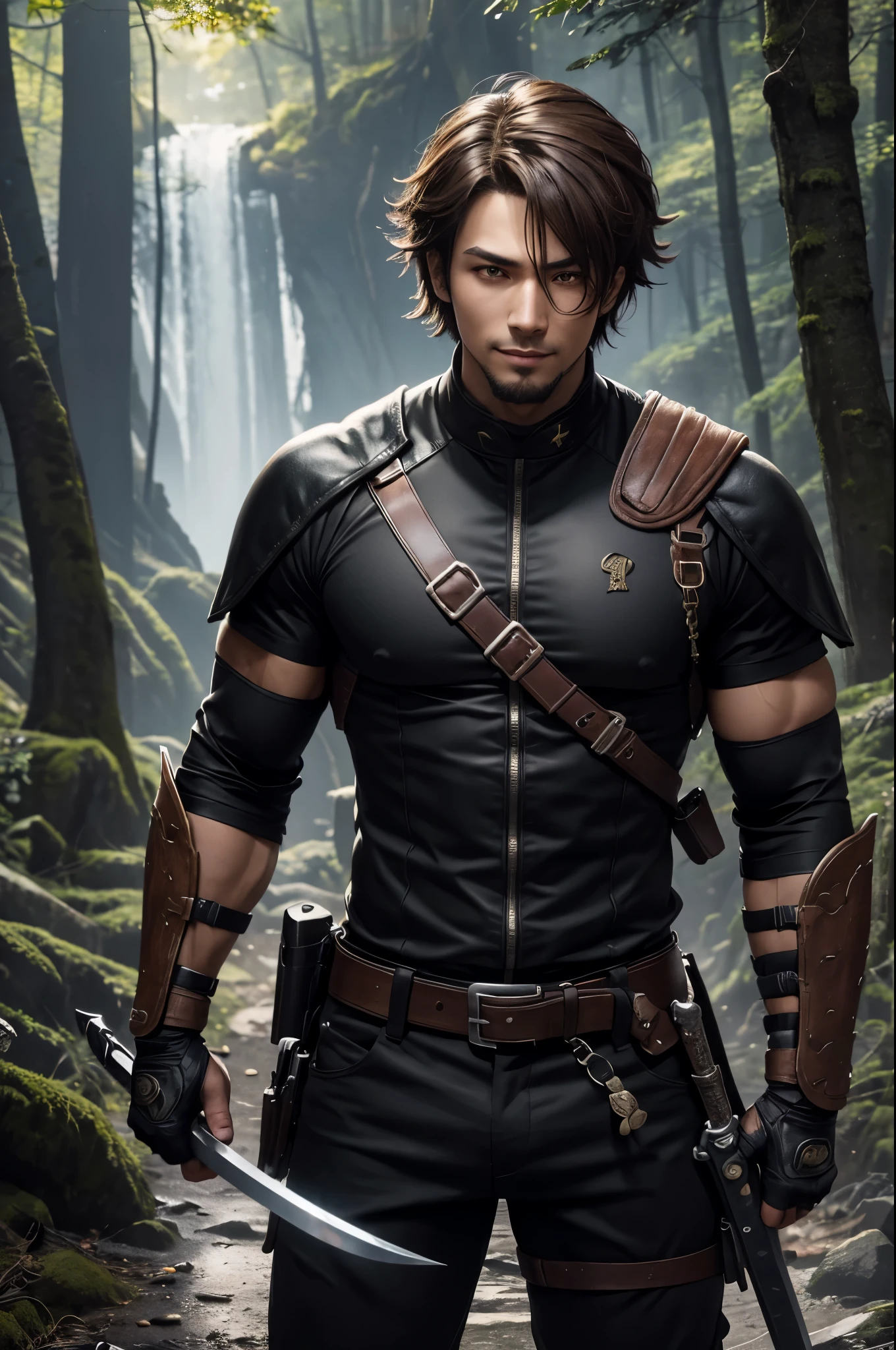 8K,Young man with flashy brown medium bob hair(24-years-old),Challenging atmosphere,muscular slim body,super realistic skin,Violent and strongly cracked abdominal muscles,black combat uniform,white inner shirt,black combat pants,Carrying a large and long Japanese sword in the forest,Mischievous smile,big eyes,black eyes,black combat uniformを着て身体を隠す,Perfect hand shapeの詳細,comical pose,masterpiece,Photorealistic RAW photos of the highest quality。bright colors,rich colors, Backlight, cinematic lighting, film grain, to be born, 50mm lens, Nikon D850,detailed character art,fantasy art,ultra high resolution,super realistic skin,Perfect hand shape,mountain path,Persona４(Hanamura Yosuke),wild(super realistic skin),One point beard,