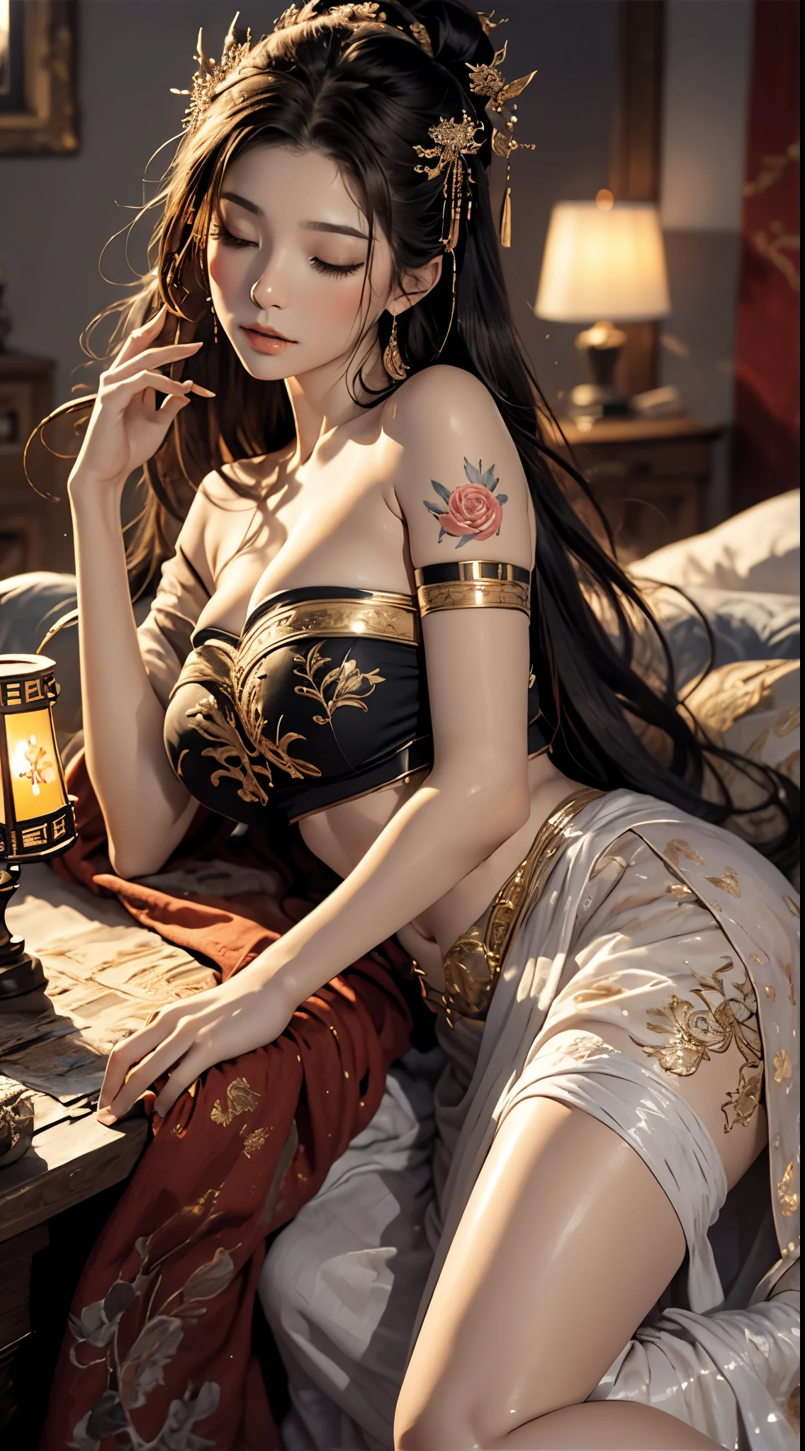 gufeng,bare shoulders, sleeping Beauty, by Bella, whole body, Beautiful girl sleeping, Room with mirror, Girl sleeps on bed and sheets, Old clock and lamp on table, whole body, black hair, Mandala and flower tattoo, best quality, masterpiece, illustration, very delicate and beautiful, Very detailed, CG, unit, 8K wallpaper, Ridiculous, File size is huge, very wide lens, soft light,sleeping Beauty, by Bella, whole body, Beautiful girl sleeping, whole body, black hair, faint smile,