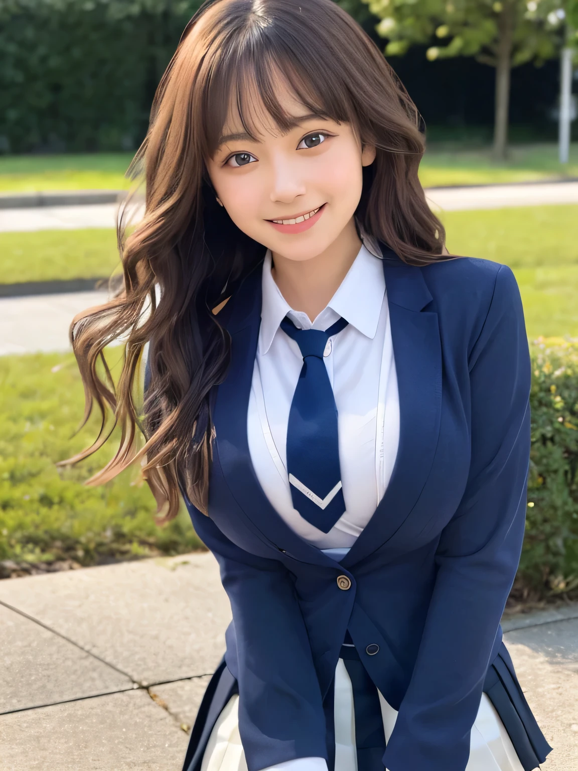 8k, highest quality, real image, intricate details, Super detailed, ultra high resolution, depth field,(realistic,realistic:1.2), from the middle, (open mouth:1.2), 1 Japanese girl, very beautiful 17 year old girl, Big eyes, beautiful breasts:1.5、highly detailed eyes:1.2), (beautiful breasts:1.1), (small breasts:1.5), wavy hair、curly hair、bangs, perfect skin, Fair skin, huge hips, thick thighs, thick legs, cleavage, tight waist, light blush, alone, looking at the viewer, (smile:1.4), ((School_uniform),(dark blue blazer), (white shirt、wear a tie), (gray pleated skirt), (sculpture installation :1.1)

