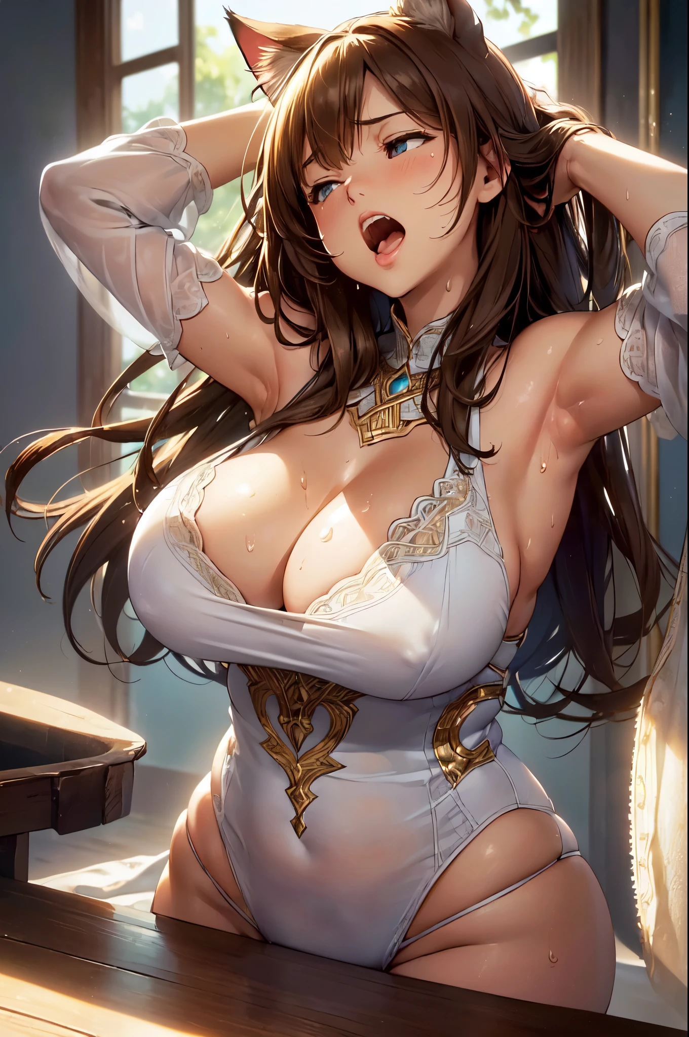 (High quality, High resolution, Fine details), (yawning:1.4), (Both arms extended straight up:1.4), comfortable background, quiet morning scene, solo, curvy women, light brown hair, (Sleepy eyes), (Detailed eyes:1.2), (Open mouth wide), cat ears, Sweat, Oily skin, soft colors, subtle textures and shadows, high contrast between light and shadow, shallow depth of field