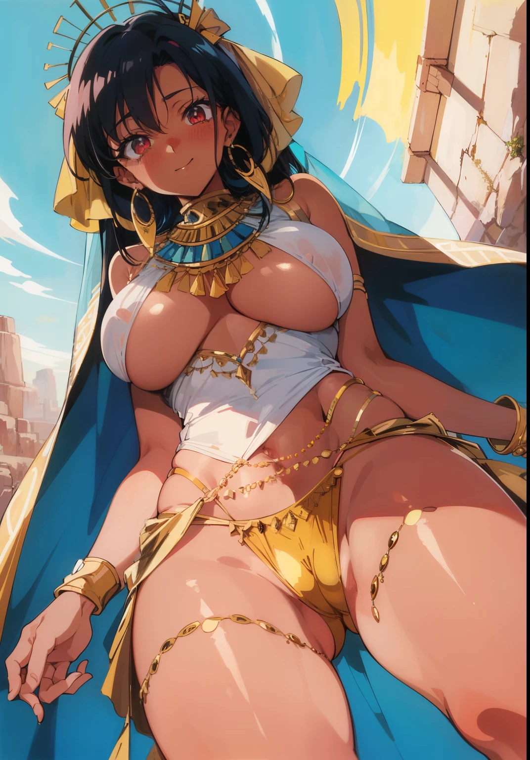 nsfw, best quality, ultra-detailed, high resolution, 4k, ((1990s \(style\),retro artstyle,1990s anime cels style,vivid colors)), (desert), 1woman, 40 years old, (large breasts:1.2), (dark skin:1.6), dark blue hair, red eyes, veil, gold jewelry, necklace, ancient egyptian costume, egyptian dancers costume, nose blush, embarrassed, smile, closed mouth, from below, outdoors