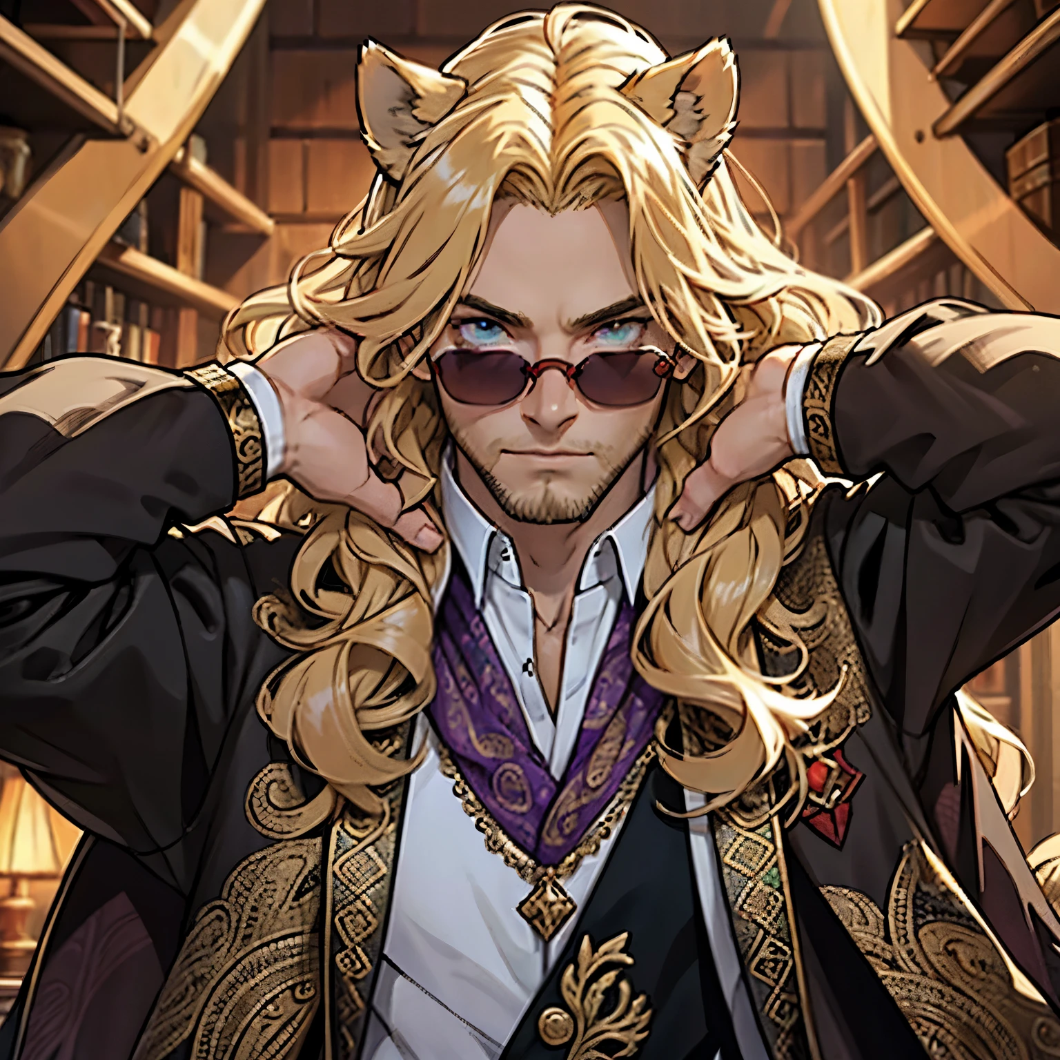 Purple and gold paisley jacket, ((one male)), lion ears, long hair, blond, blond hair, green eyes, tall, muscular, white shirt, ((beautiful face)), ((highest quality)), ((masterpiece)), ((2d)), (anime), perfect face, (((highest detail))), feline eyes, stubble, lion tail, wavy hair, (far shot), (((detailed face))), intricate details, paisley background, black boots ((red sunglasses)), (((human hands))), royal jewelry