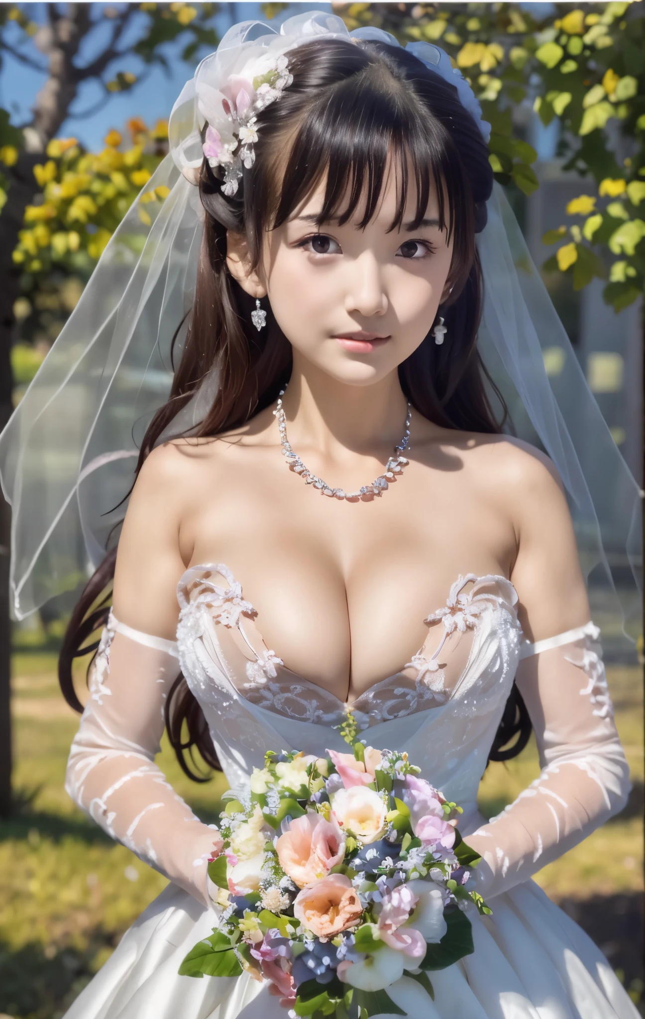 (((Pixel perfect, Perfect details))), alone, 1 girl, yuigahama yui,  Close-up of beautiful bride wearing beautiful wedding dress,Gurwitz, (bridal veil:1.5），（transparent short veil：1.5），blush，eye shadow，Blushing face，Head flower，headgear，bouquet，（tube top wedding dress：1.5），（silk dress：1.2）,（Strapless：1.5）,pure white dress，necklace，(earrings:1.2)，(large breasts:1.3)，Bangs，lipstick，（White long elbow gloves：1.4）,whole body照,High-detail RAW color art,White long skirt，whole body，only one railway track，(standing on the railroad tracks:1.3),18 years old, （long twintails：1.5）,(double bun:1.5), black hair