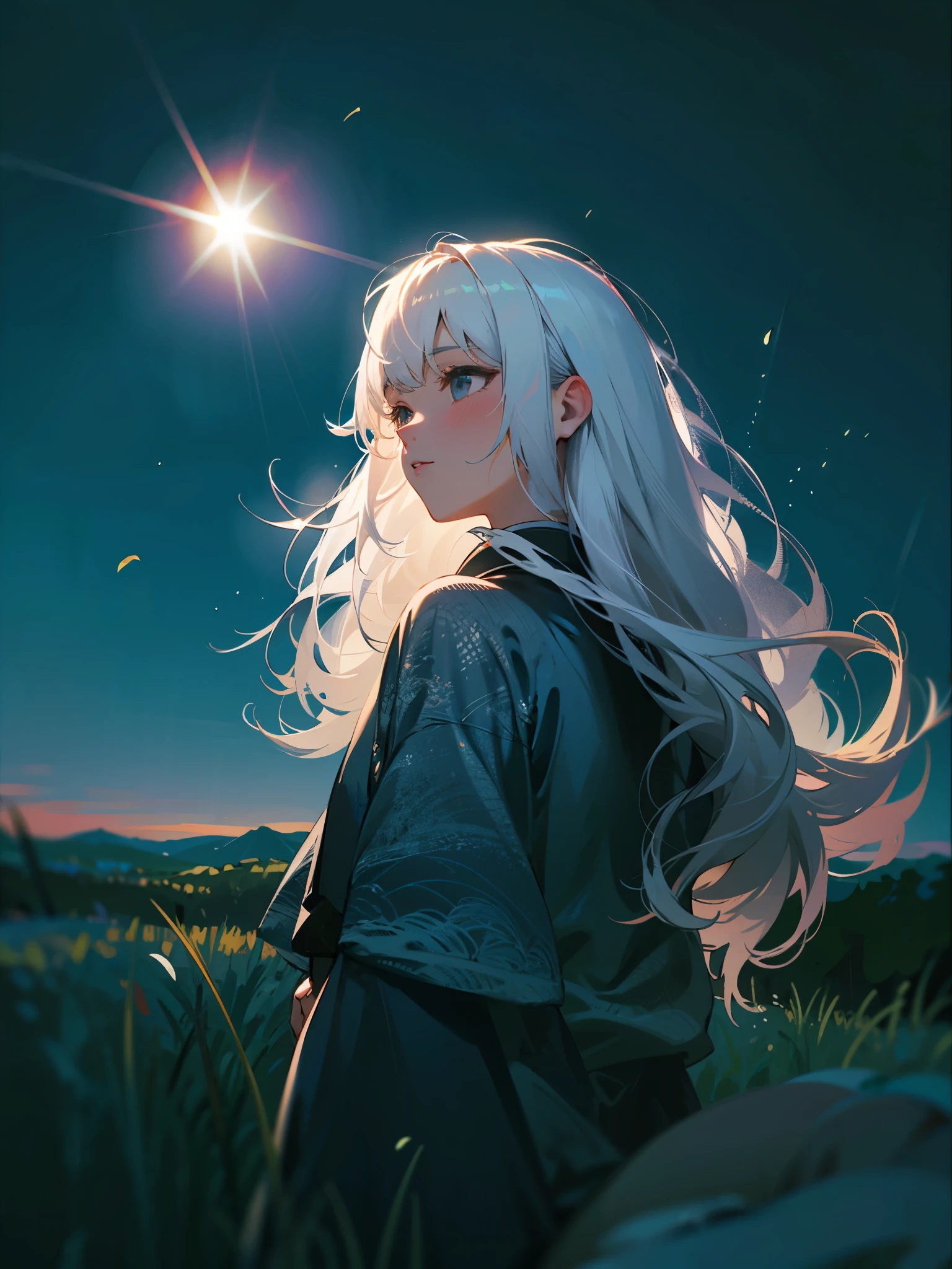Close-up of a blond woman with long hair standing in a field, White hair的女孩, with white hair, perfect White hair girl, with long white hair, light passing through white hair, silver hair girl, flowing white hair, Long white hair and bangs, A girl has white hair, White hair floating in the air, Silver-haired girl, White hair,日本动画片 girl sitting on the ground with her legs crossed