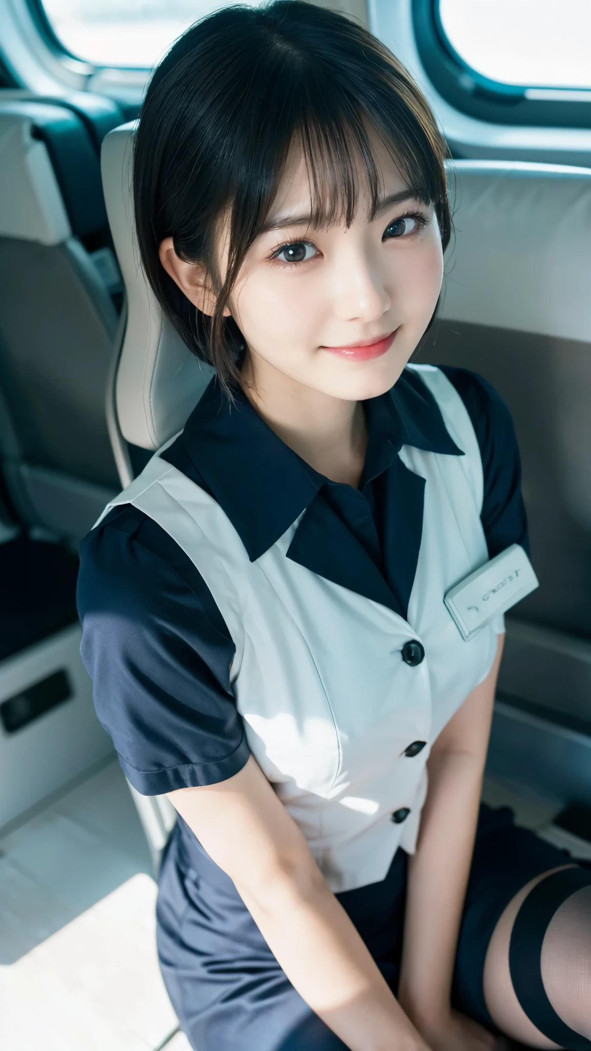 (highest quality,masterpiece:1.3,ultra high resolution),(Super detailed,caustics,8k),(photorealistic:1.4,RAW shooting),(high position:1.3),(high angle:1.3),(bird's eye view:1.2),(front shot:1.3),25 years old,Japanese,cute,stewardess uniform,black short hair,tights,(look up at the camera with a smile),(big ),inside the plane,squat on the floor,(face focus:1.1),(face close up:1.1),bust up shot,Natural light