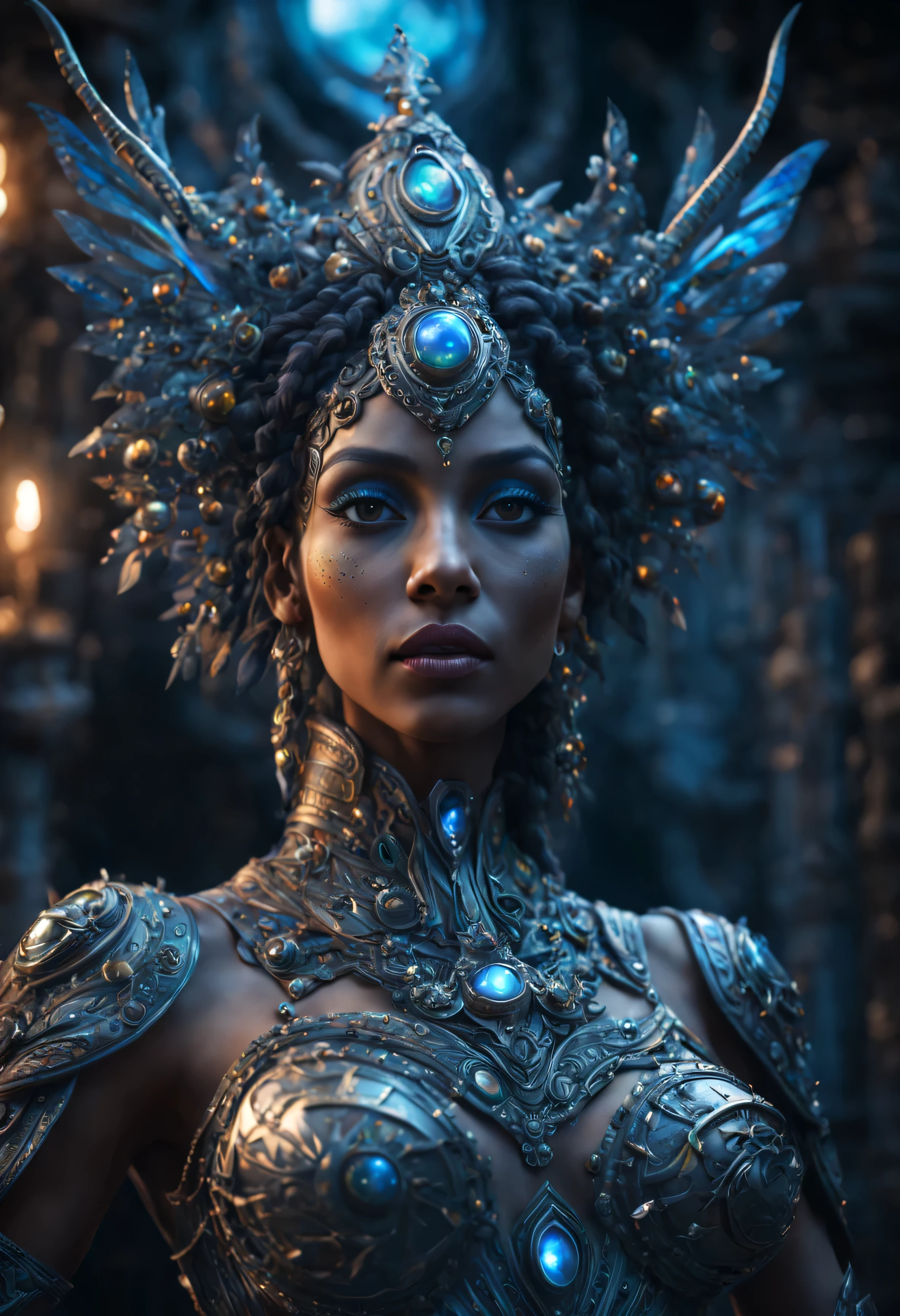 (a frontal view), (camera facing the subject), A very beautiful black african queen sitting on a diamond throne made of diamond, intricate details, dramatic lighting, hyperrealism, photorealistic, cinematic, 8k sharp focus, style expressive, frontal view, camera facing the subject
