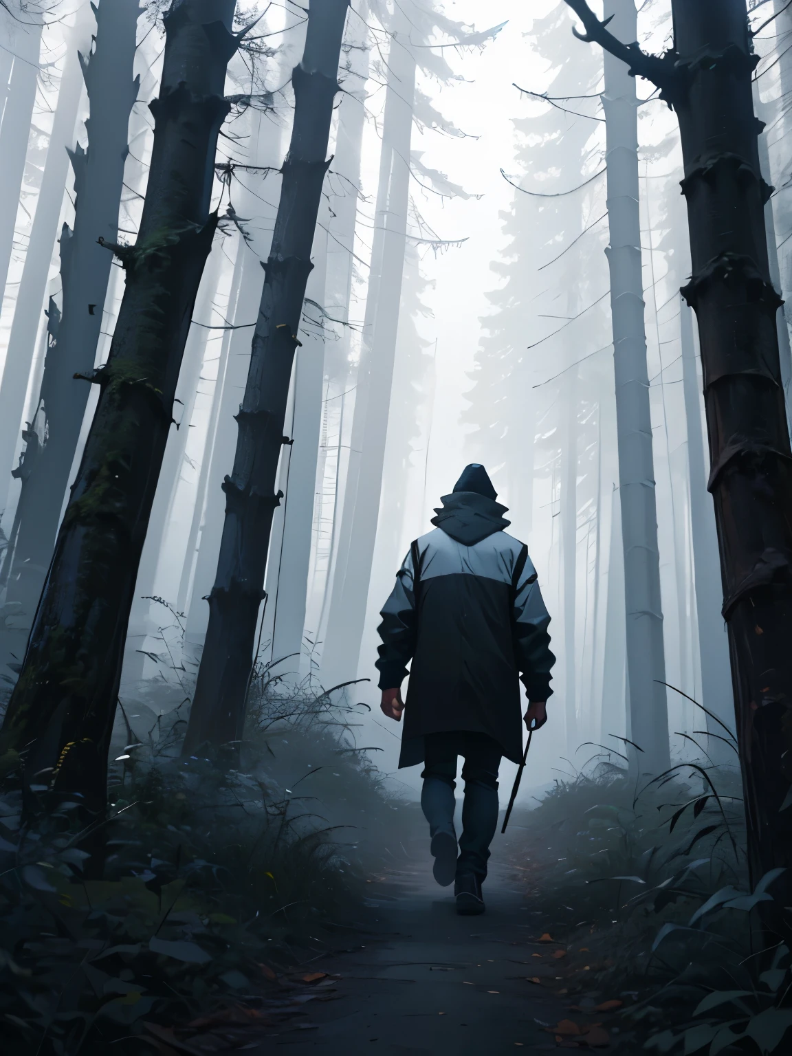 a guy walking through a foggy, gloomy forest, horror