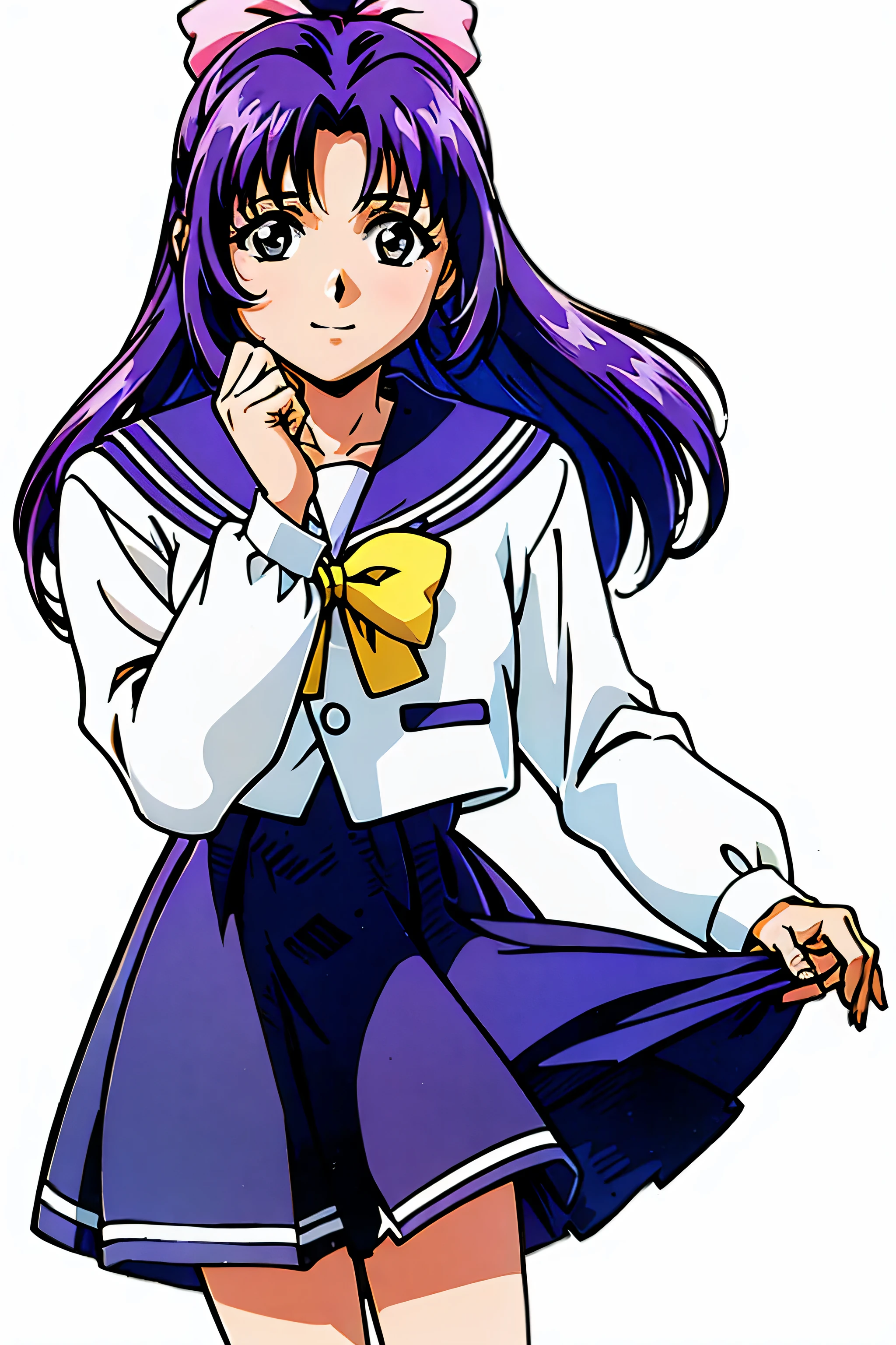 (highest quality:1.3),(ultra-be familiar with:1.5),High resolution,extremely be familiar with CG,unity 8k wallpaper,official art,be familiar with,super be familiar with skin,perfect anatomy,beautiful be familiar with eyes,(anime screenshot:1.1),(((high color saturation:1.6))),(((high brightness:1.7))),very delicate and beautiful,90s anime,90s anime style,cel shaded anime,1 girl,((koigakubomomoko:1.5)),((school uniform, sailor suit,long sleeve,skirt,:1.3)),shoes下,shoes,茶色のshoes,long hair,hair ribbon,pink ribbon,knee high,loafers,smile,brown eyes,purple hair,white shirt,bangs,((background light:1.7)),in spring,classroom,