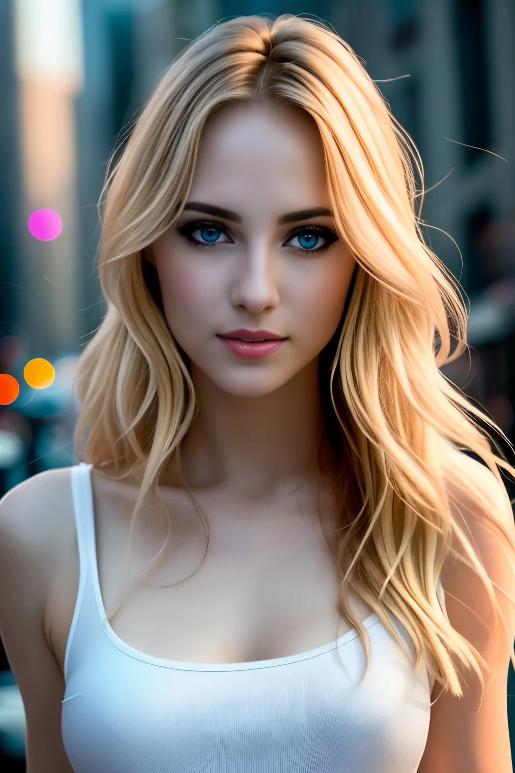 blue eyes in the city、Blonde girl in white tank top, 美丽的blonde girl, beautiful model girl, Beautiful girl model, blonde girl, beautiful portrait images, Beautiful portrait lighting, beautiful blonde, blonde woman, Perfectly illuminates the face, beautiful female model, Blonde hair and big eyes, portrait of a beautiful model, beautiful model, Anthony Devas, blonde goddess