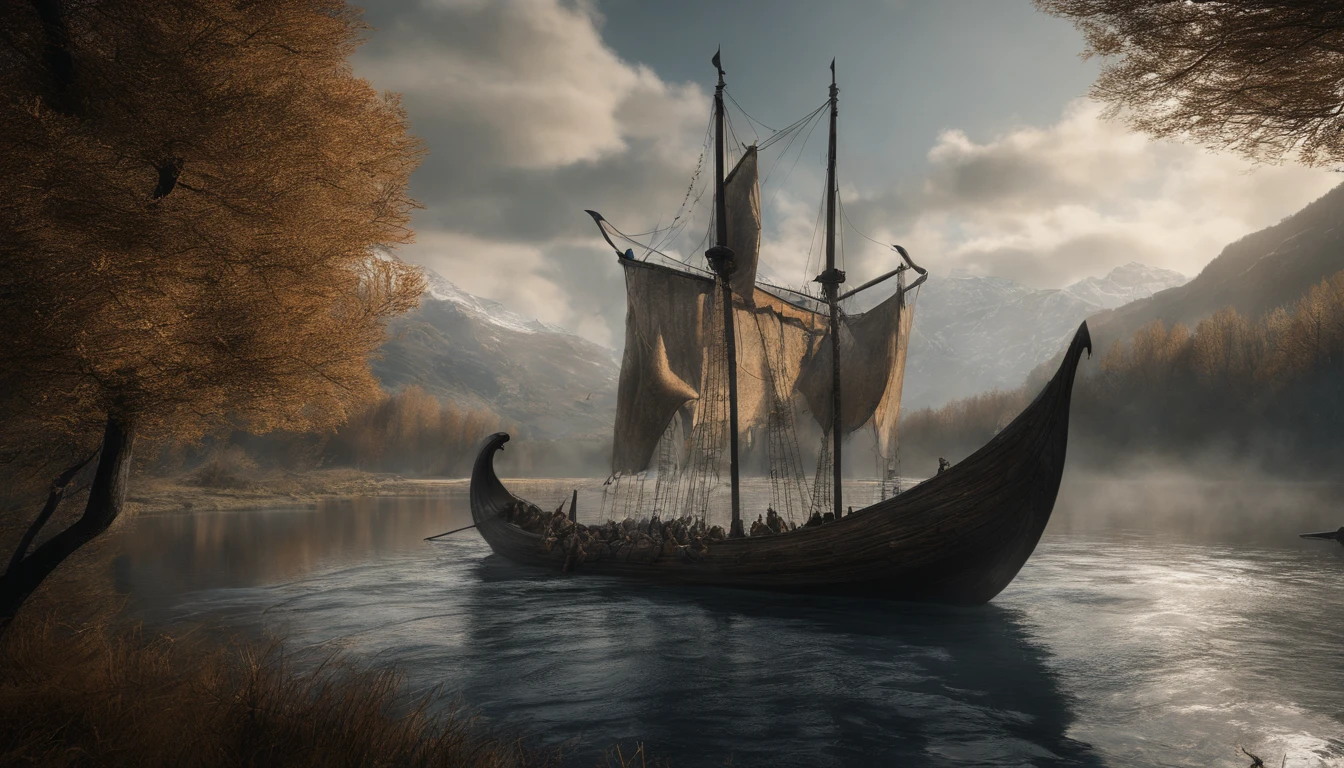 An Assassin's Creed Valhalla landscape. (best quality,4k,8k,highres,masterpiece:1.2), ultra-detailed, (realistic,photorealistic,photo-realistic:1.37), HDR, UHD, studio lighting, extreme detail description. The scene is set in a picturesque landscape with rolling hills and lush green meadows. The sky above is filled with fluffy white clouds contrasting against a vibrant blue backdrop. Sun rays break through the clouds, casting a warm golden light over the landscape. In the foreground, a Viking longship sails peacefully along a crystal-clear river that cuts through the valley. The ship is meticulously crafted with intricate wooden carvings, displaying the prowess of the Viking people. The reflection of the ship on the calm water is so realistic that you can almost feel the gentle ripples. On the riverbank, a group of Vikings is seen disembarking from the longship. They are dressed in traditional Viking attire, adorned with fur-lined cloaks and metal armor, wielding swords and shields. Their facial features are finely detailed, with piercing blue eyes and fierce expressions that reflect their warrior spirit. In the distance, towering mountains covered in snow create a majestic backdrop. The peaks are meticulously textured, showcasing the grandeur of the natural landscape. The mountains are shrouded in mist, giving the scene an ethereal and mysterious atmosphere. The trees dotting the landscape are a mix of evergreens and colorful autumn foliage, adding depth and variety to the scene. The leaves rustle gently in the breeze, creating a sense of tranquility and serenity. The colors of the landscape are rich and vibrant. The greens of the meadows are vibrant and lush, contrasting with the deep blues of the river and the sky. The golden sunlight casts warm hues on everything it touches, creating a harmonious and inviting atmosphere. The overall lighting of the scene is expertly crafted, with subtle shadows and highlights that bring depth and realism to the image. The soft,