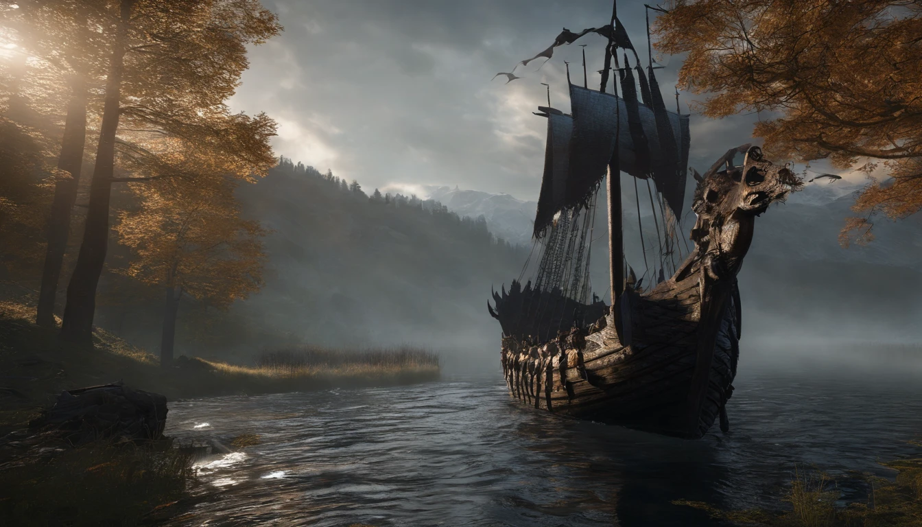 An Assassin's Creed Valhalla landscape. (best quality,4k,8k,highres,masterpiece:1.2), ultra-detailed, (realistic,photorealistic,photo-realistic:1.37), HDR, UHD, studio lighting, extreme detail description. The scene is set in a picturesque landscape with rolling hills and lush green meadows. The sky above is filled with fluffy white clouds contrasting against a vibrant blue backdrop. Sun rays break through the clouds, casting a warm golden light over the landscape. In the foreground, a Viking longship sails peacefully along a crystal-clear river that cuts through the valley. The ship is meticulously crafted with intricate wooden carvings, displaying the prowess of the Viking people. The reflection of the ship on the calm water is so realistic that you can almost feel the gentle ripples. On the riverbank, a group of Vikings is seen disembarking from the longship. They are dressed in traditional Viking attire, adorned with fur-lined cloaks and metal armor, wielding swords and shields. Their facial features are finely detailed, with piercing blue eyes and fierce expressions that reflect their warrior spirit. In the distance, towering mountains covered in snow create a majestic backdrop. The peaks are meticulously textured, showcasing the grandeur of the natural landscape. The mountains are shrouded in mist, giving the scene an ethereal and mysterious atmosphere. The trees dotting the landscape are a mix of evergreens and colorful autumn foliage, adding depth and variety to the scene. The leaves rustle gently in the breeze, creating a sense of tranquility and serenity. The colors of the landscape are rich and vibrant. The greens of the meadows are vibrant and lush, contrasting with the deep blues of the river and the sky. The golden sunlight casts warm hues on everything it touches, creating a harmonious and inviting atmosphere. The overall lighting of the scene is expertly crafted, with subtle shadows and highlights that bring depth and realism to the image. The soft,